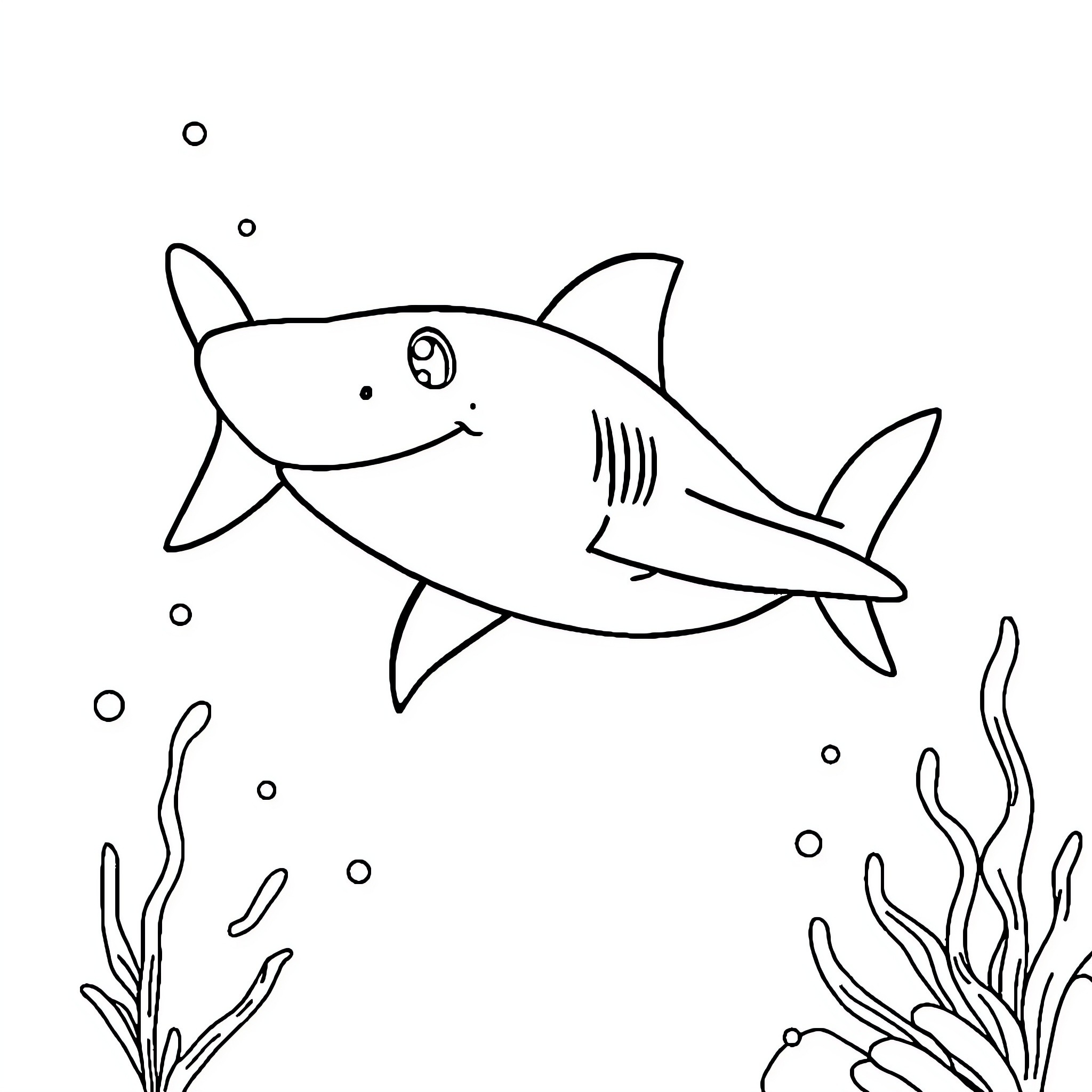 Baby Shark swimming happily in the ocean Coloring Page (free black-and-white line drawing printable PDF for all, from beginners to advanced learners, including children, teens, adults, and seniors)