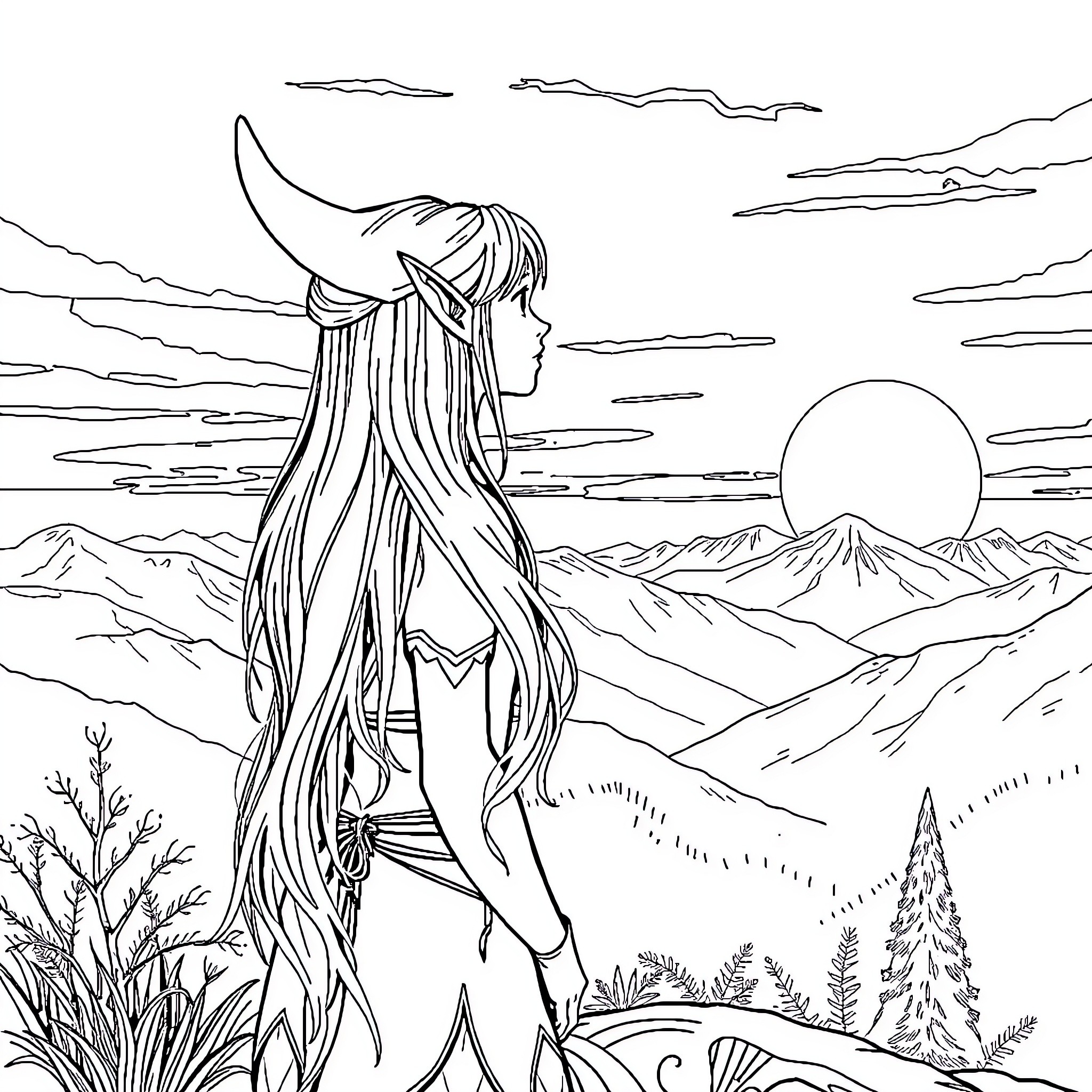 Frieren gazing into the ethereal landscape Coloring Page (free black-and-white line drawing printable PDF for all, from beginners to advanced learners, including children, teens, adults, and seniors)