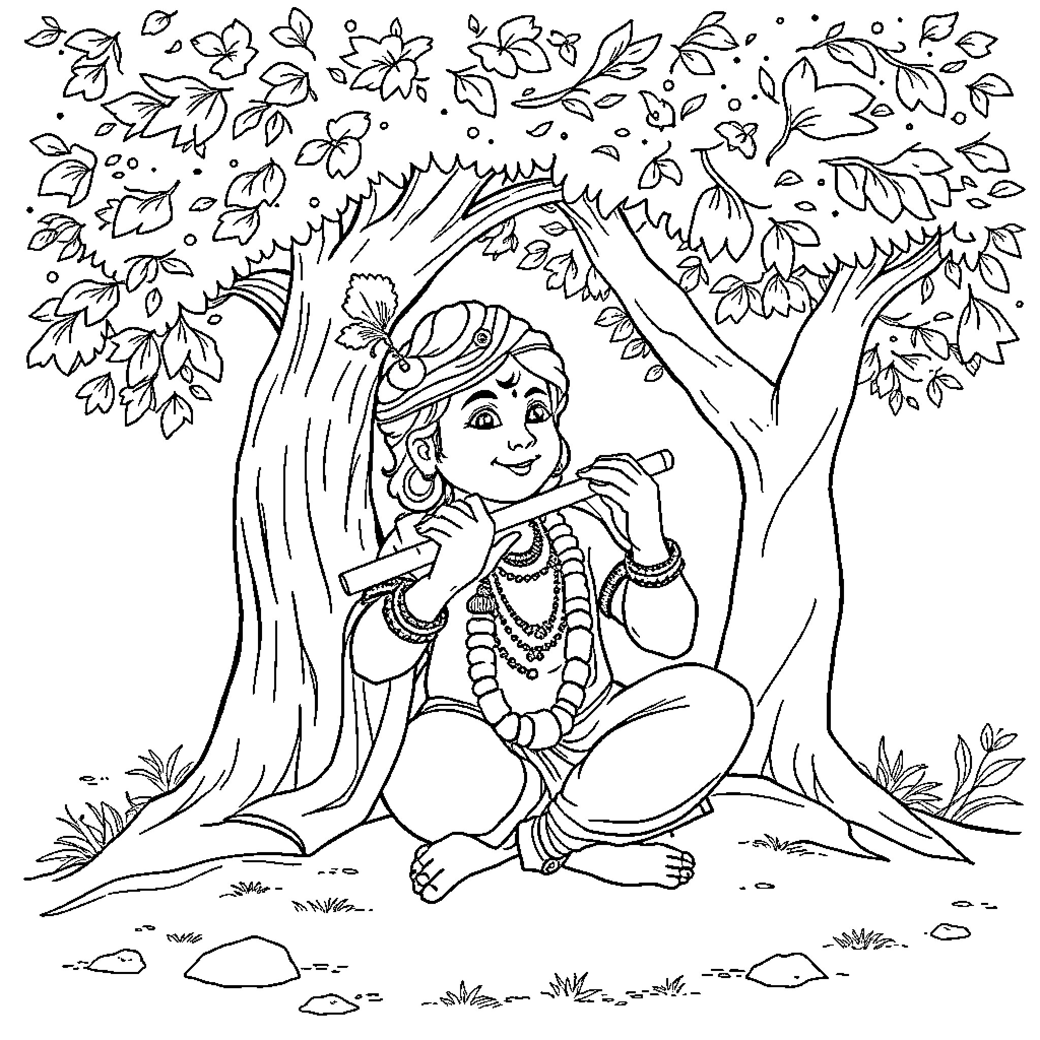 Krishna playing peacefully in the forest Coloring Page (free black-and-white line drawing printable PDF for all, from beginners to advanced learners, including children, teens, adults, and seniors)