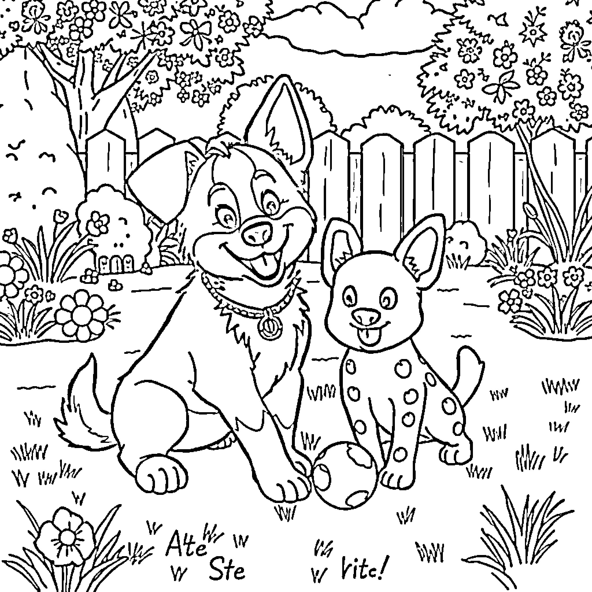 Bluey's Playful Adventure in the Garden Coloring Page (free black-and-white line drawing printable PDF for all, from beginners to advanced learners, including children, teens, adults, and seniors)