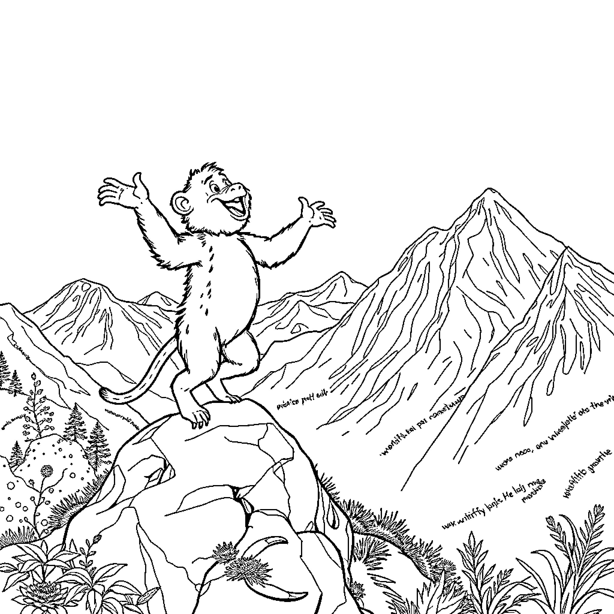 Monkey Exploring the Mountainous Wilderness Coloring Page (free black-and-white line drawing printable PDF for all, from beginners to advanced learners, including children, teens, adults, and seniors)