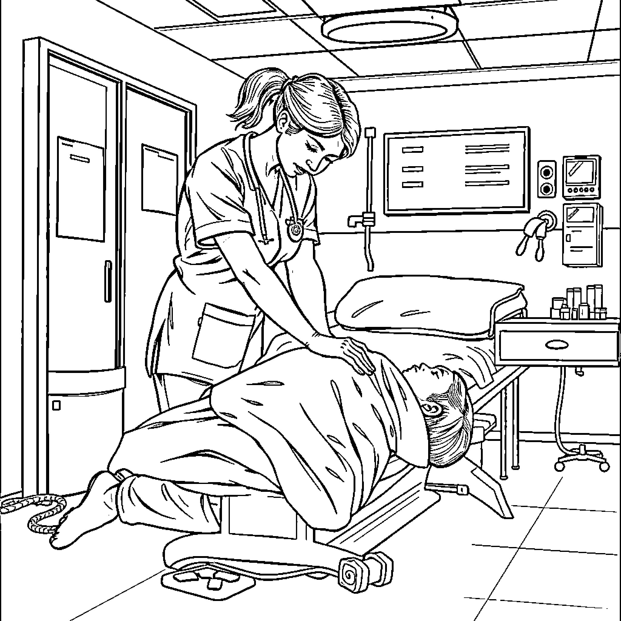 Nurse Attending to Patient in Medical Facility Coloring Page (free black-and-white line drawing printable PDF for all, from beginners to advanced learners, including children, teens, adults, and seniors)