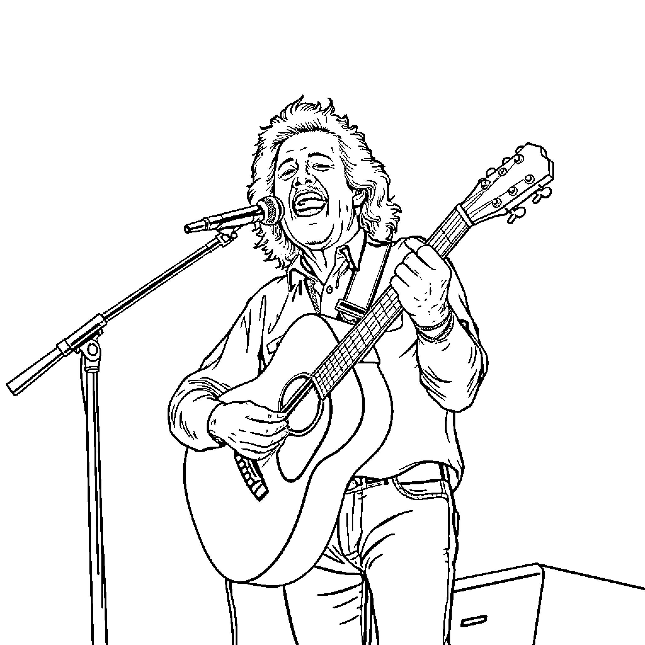 Arlo Guthrie performing on stage with guitar and microphone Coloring Page (free black-and-white line drawing printable PDF for all, from beginners to advanced learners, including children, teens, adults, and seniors)