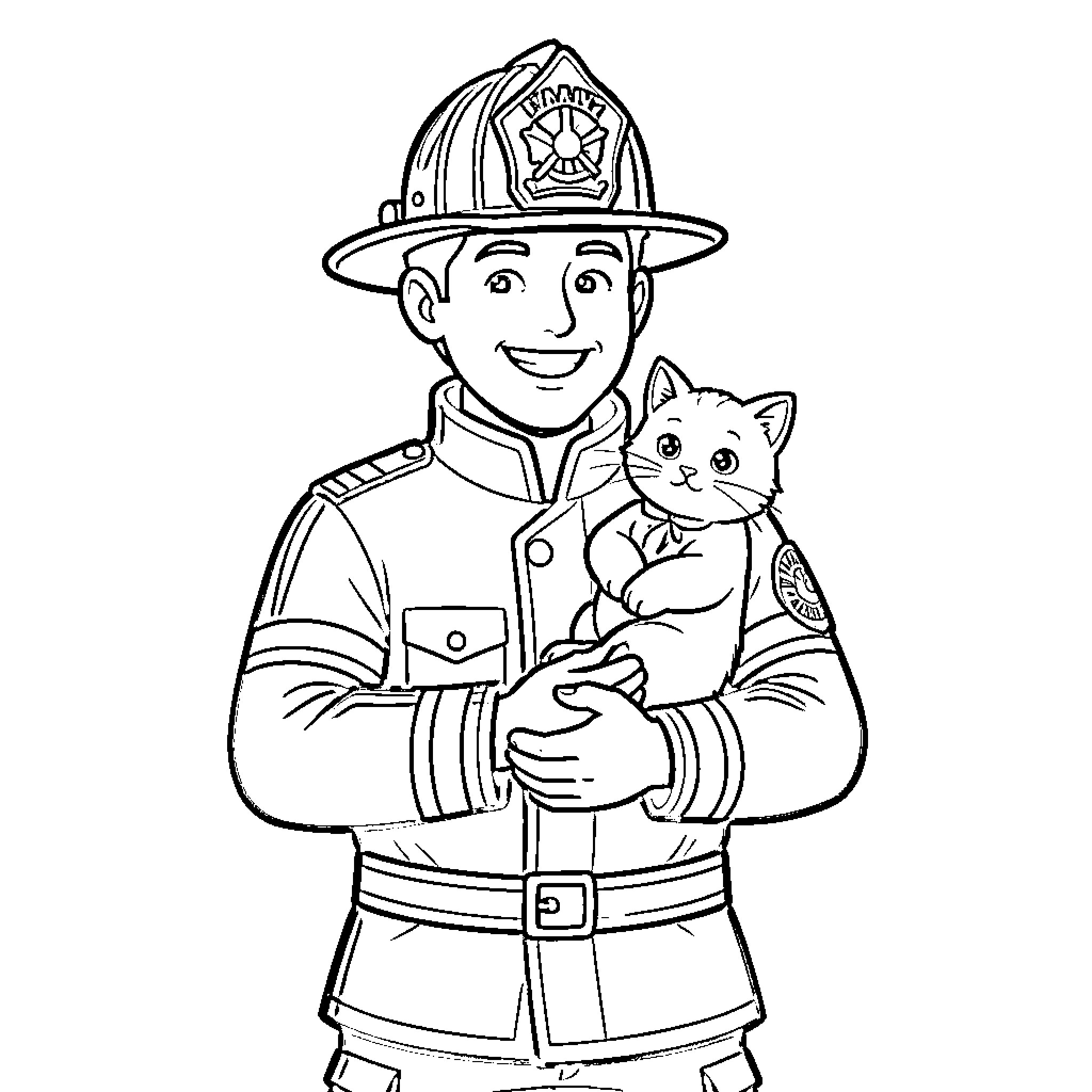 Bombero firefighter with a friendly cat Coloring Page (free black-and-white line drawing printable PDF for all, from beginners to advanced learners, including children, teens, adults, and seniors)