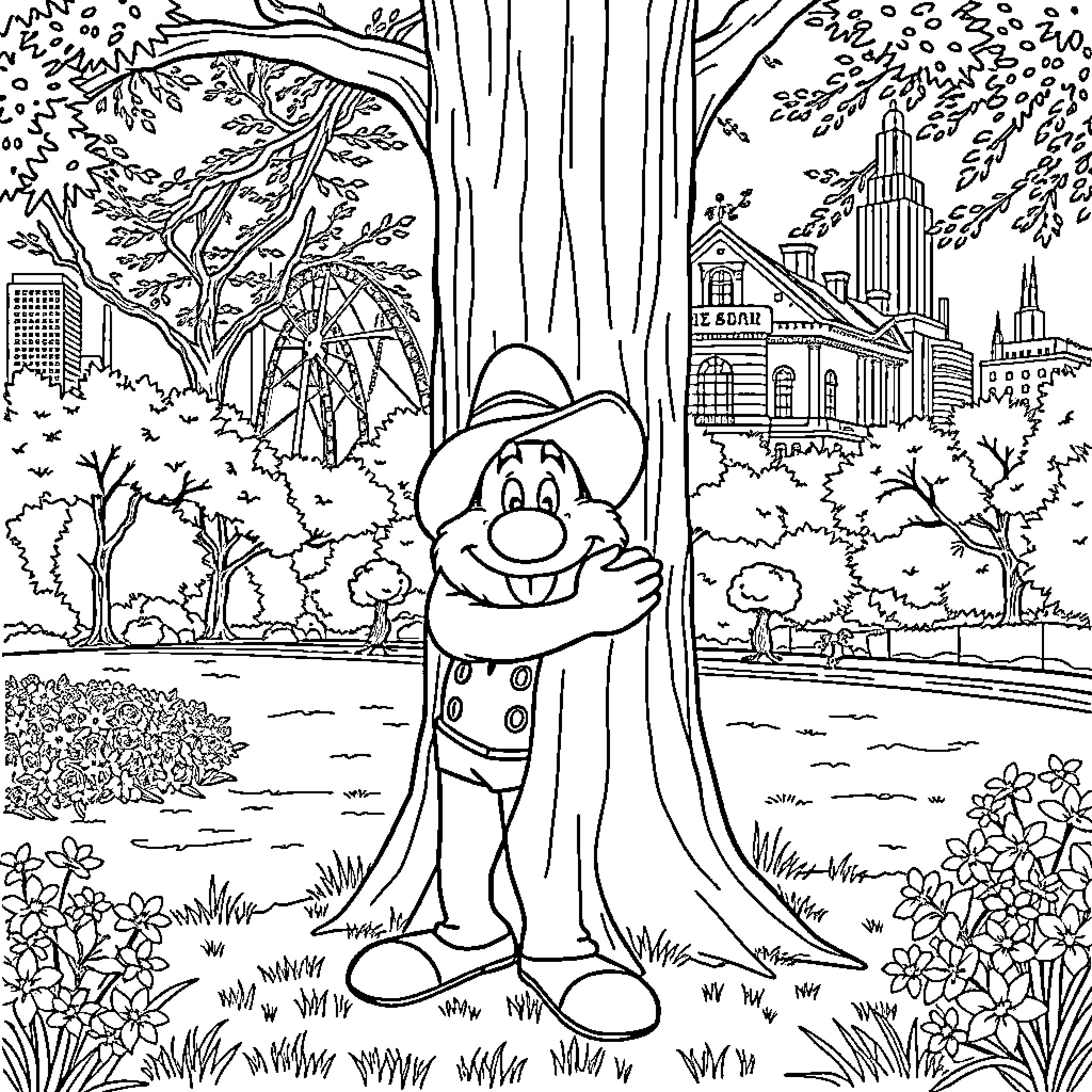 Yosemite Sam exploring the scenic Yosemite National Park Coloring Page (free black-and-white line drawing printable PDF for all, from beginners to advanced learners, including children, teens, adults, and seniors)