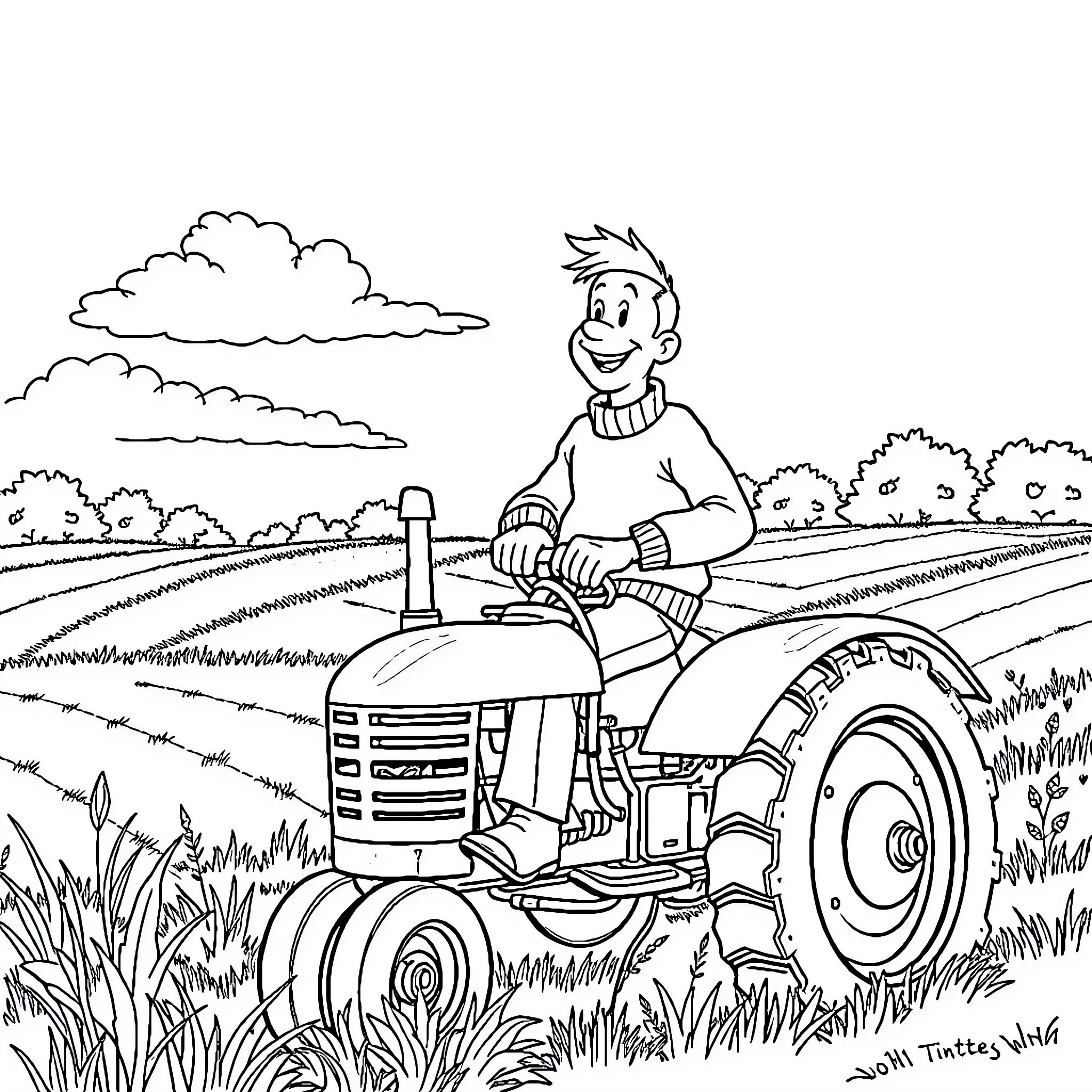 Tintin operating a tractor in a rural landscape Coloring Page (free black-and-white line drawing printable PDF for all, from beginners to advanced learners, including children, teens, adults, and seniors)