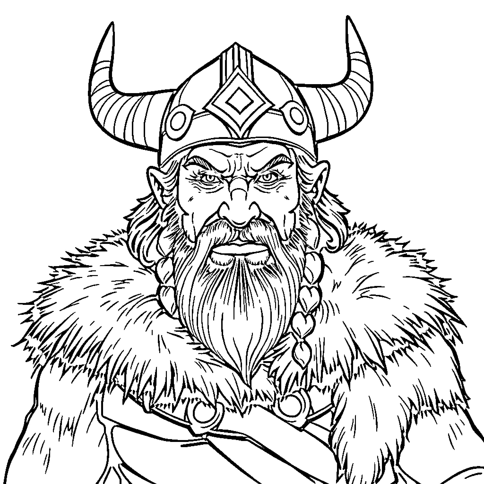 Richard Simmons as a Fierce Viking Warrior Coloring Page (free black-and-white line drawing printable PDF for all, from beginners to advanced learners, including children, teens, adults, and seniors)