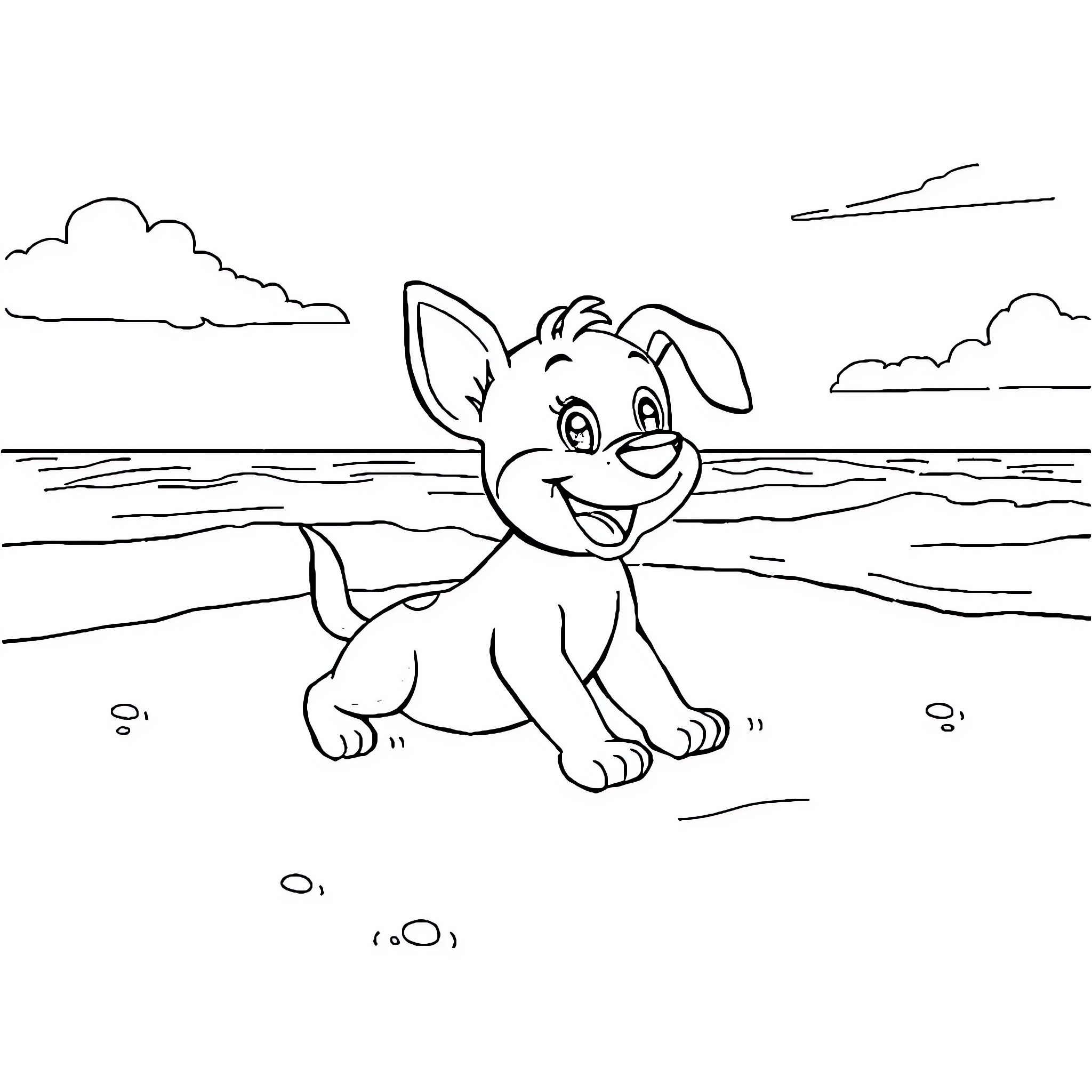 Bluey playing happily by the seaside Coloring Page (free black-and-white line drawing printable PDF for all, from beginners to advanced learners, including children, teens, adults, and seniors)