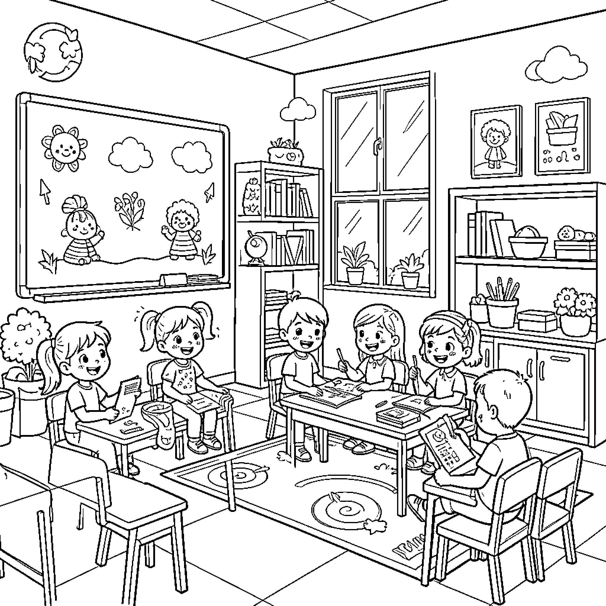 Exercise Children Learning in Classroom Coloring Page (free black-and-white line drawing printable PDF for all, from beginners to advanced learners, including children, teens, adults, and seniors)