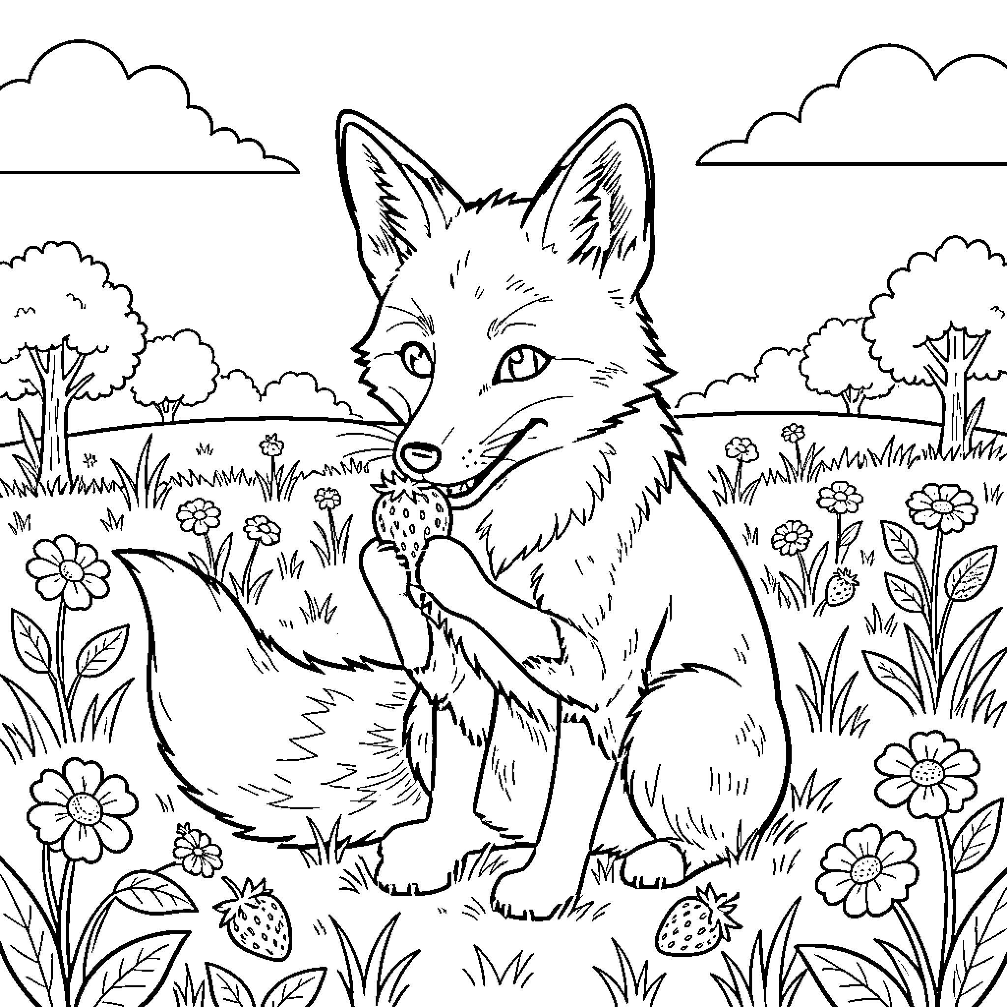 Fox sitting in a meadow eating a strawberry Coloring Page (free black-and-white line drawing printable PDF for all, from beginners to advanced learners, including children, teens, adults, and seniors)
