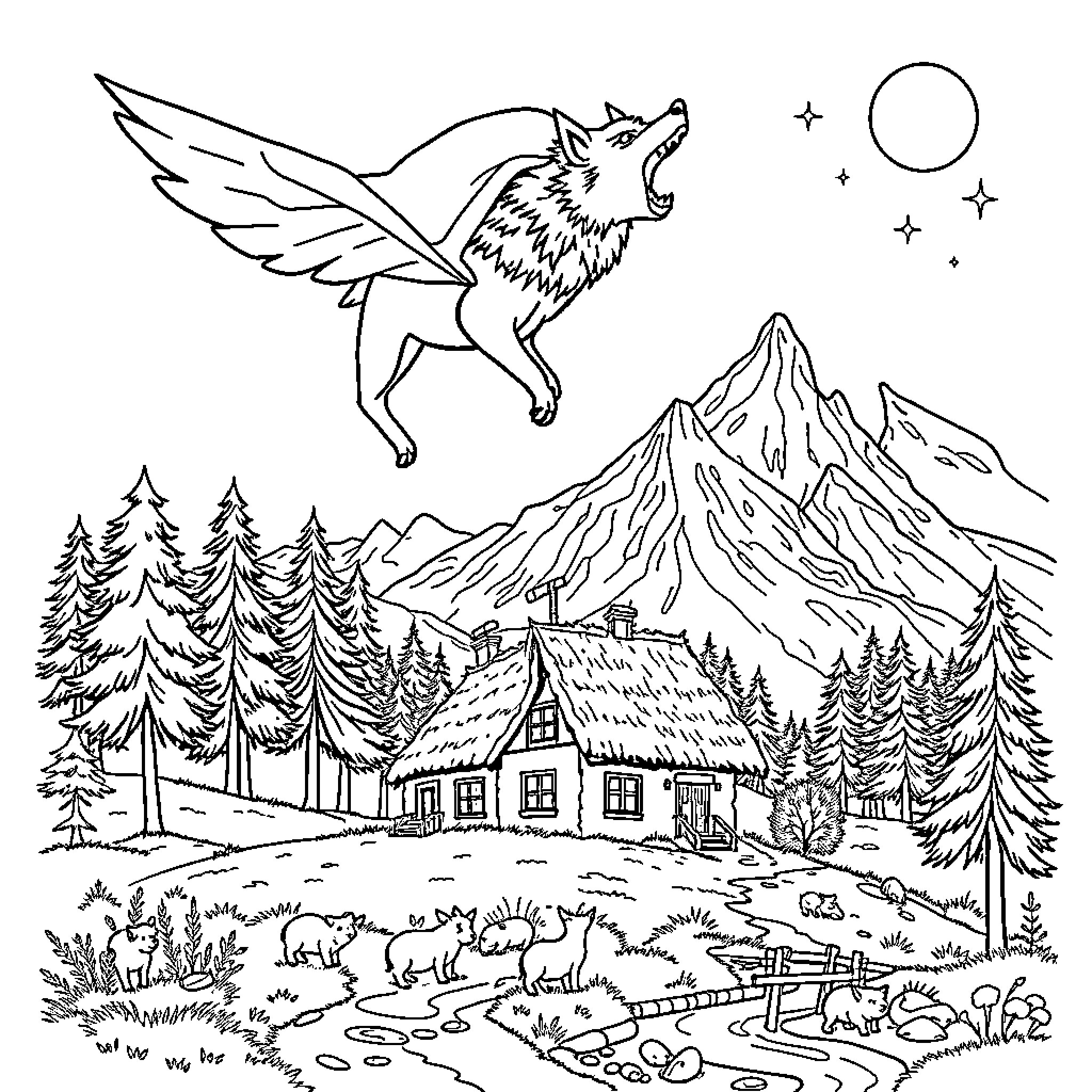 Wolf soaring above a mountain landscape Coloring Page (free black-and-white line drawing printable PDF for all, from beginners to advanced learners, including children, teens, adults, and seniors)