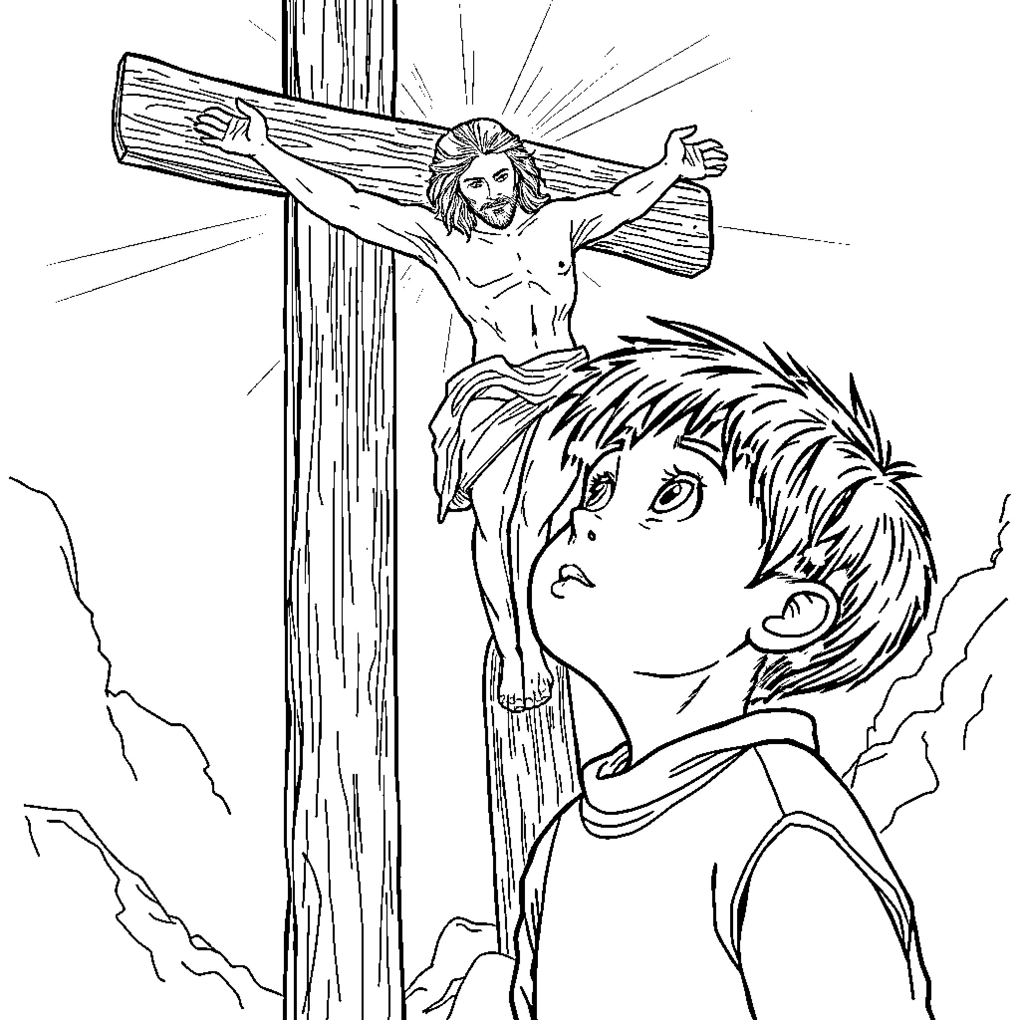 Boy contemplating the crucifixion of Jesus Christ Coloring Page (free black-and-white line drawing printable PDF for all, from beginners to advanced learners, including children, teens, adults, and seniors)