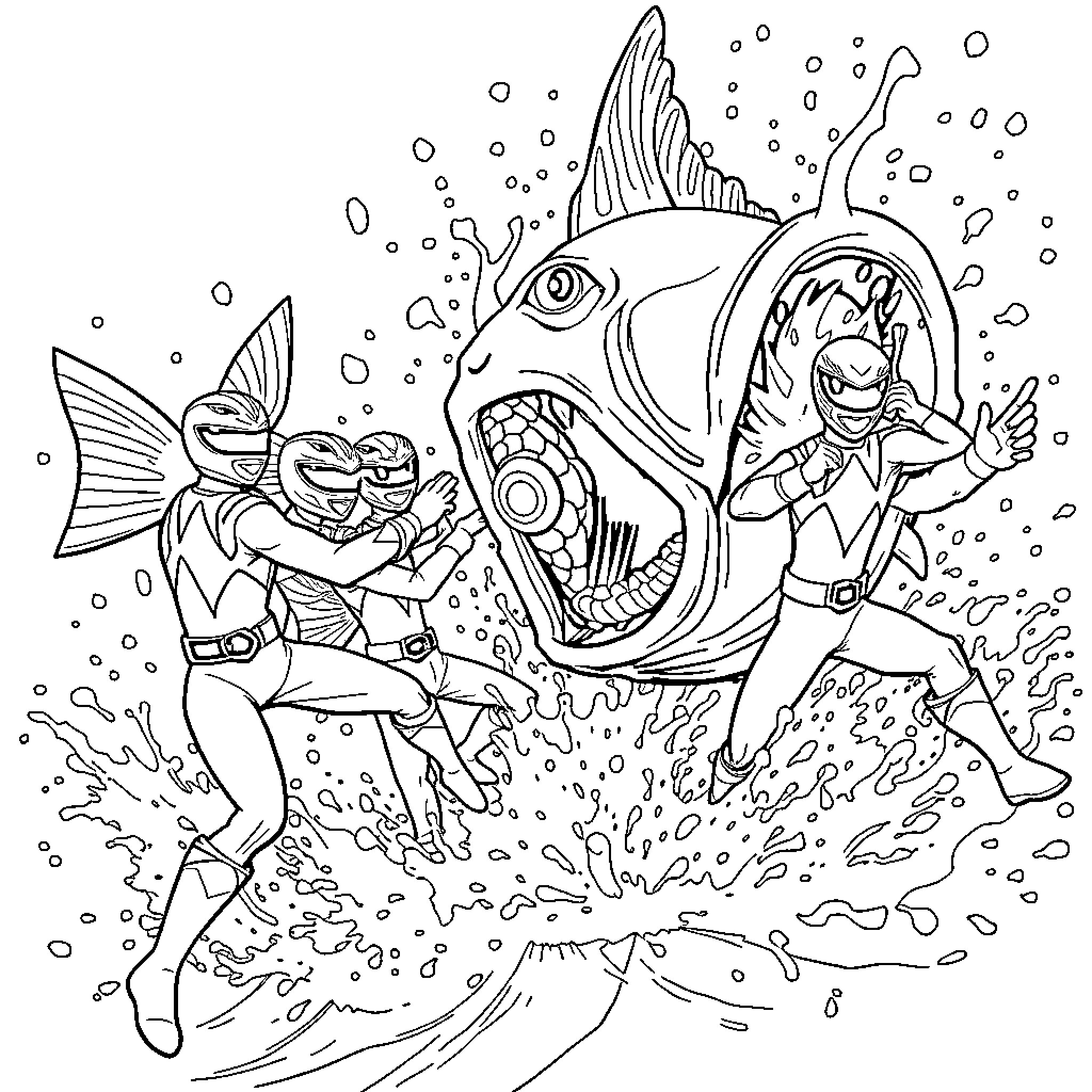 Power Rangers Battling Giant Underwater Monster Coloring Page (free black-and-white line drawing printable PDF for all, from beginners to advanced learners, including children, teens, adults, and seniors)