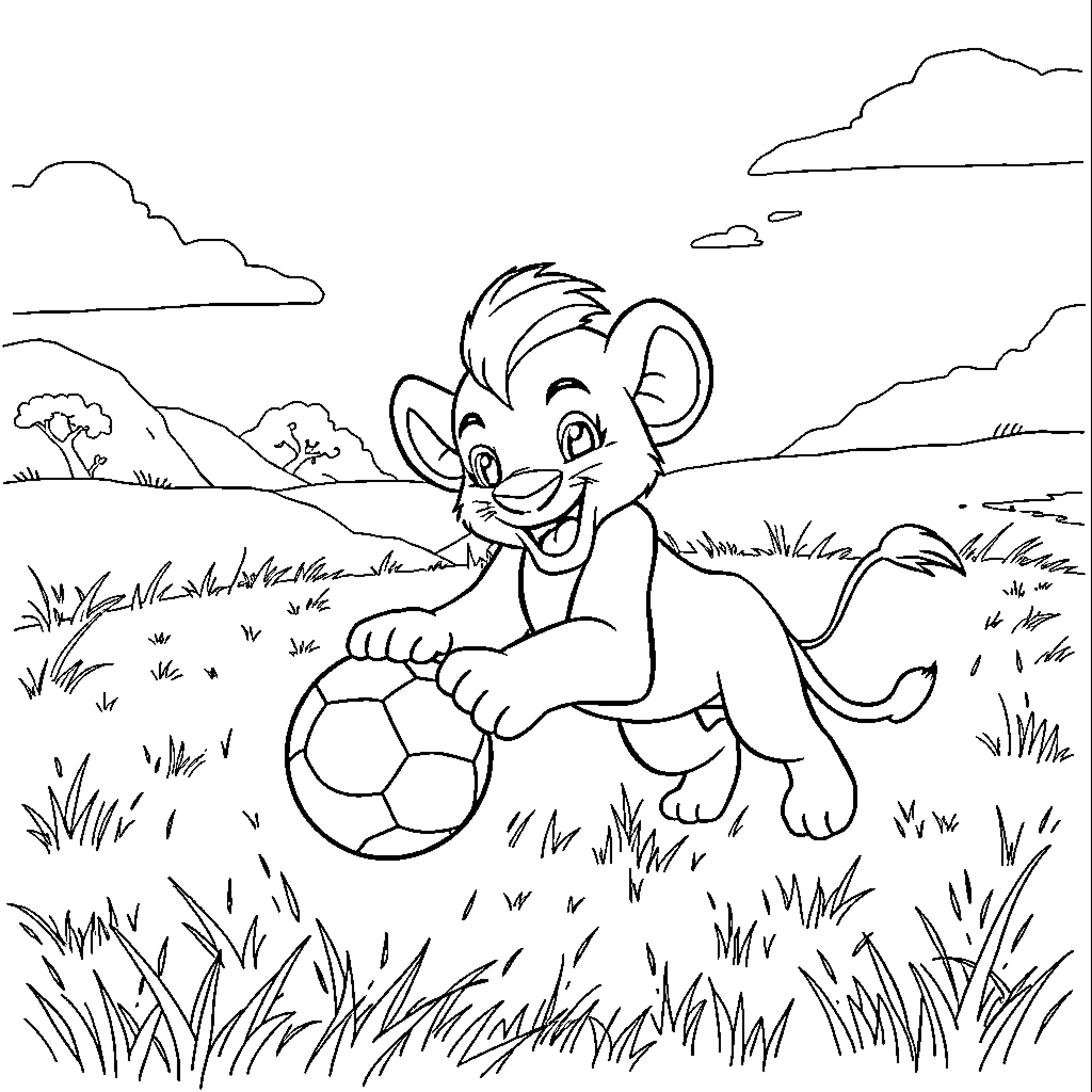 Simba playing happily with a soccer ball in the meadow Coloring Page (free black-and-white line drawing printable PDF for all, from beginners to advanced learners, including children, teens, adults, and seniors)