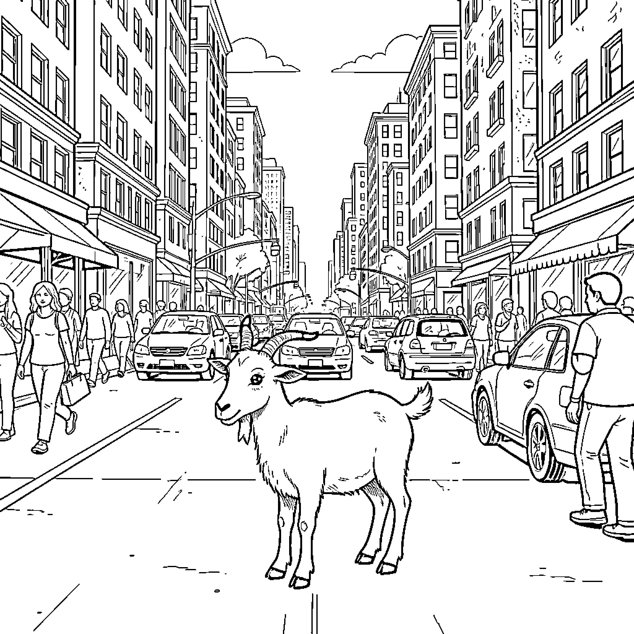 Goat exploring the bustling city streets Coloring Page (free black-and-white line drawing printable PDF for all, from beginners to advanced learners, including children, teens, adults, and seniors)