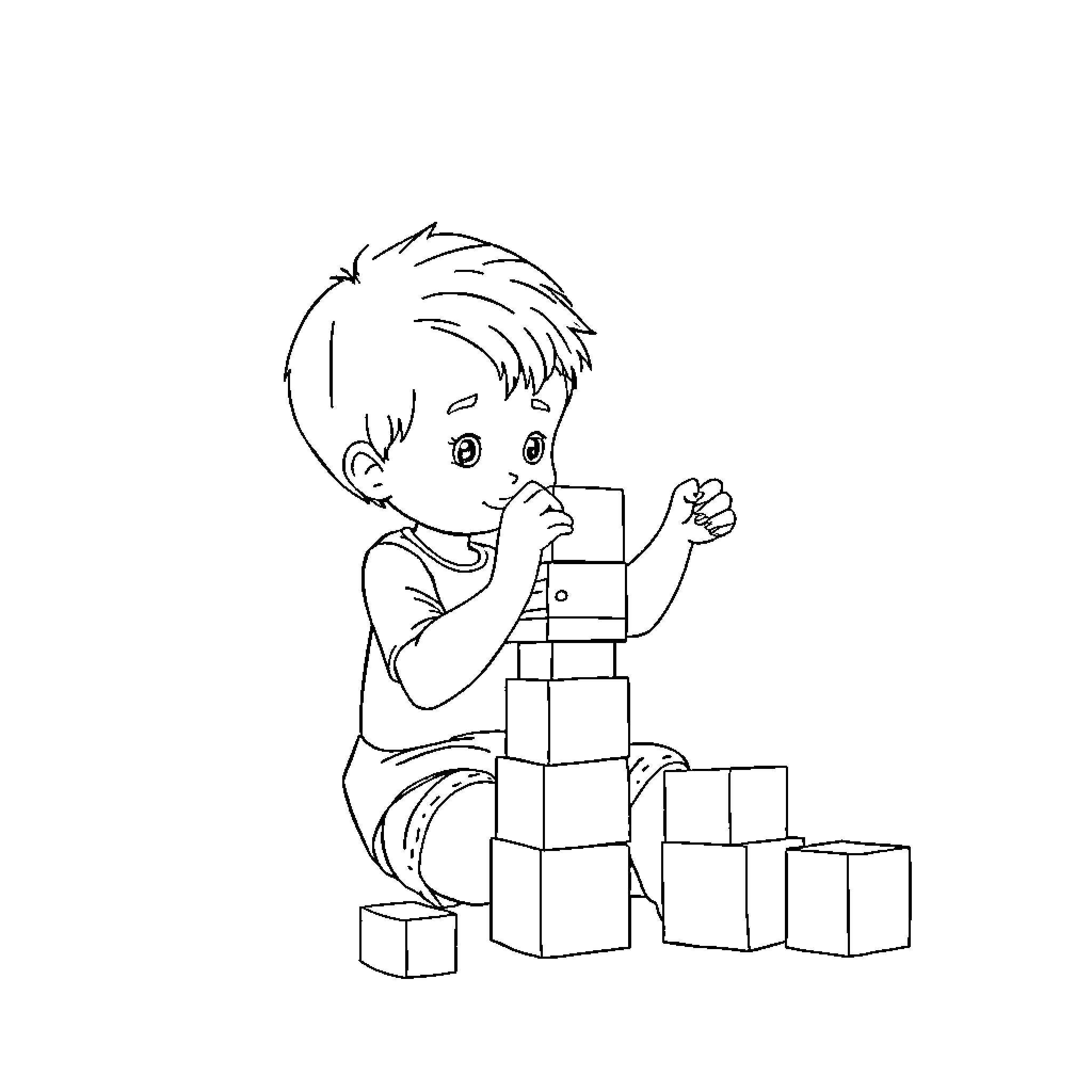 Boy playing with toy building blocks Coloring Page (free black-and-white line drawing printable PDF for all, from beginners to advanced learners, including children, teens, adults, and seniors)
