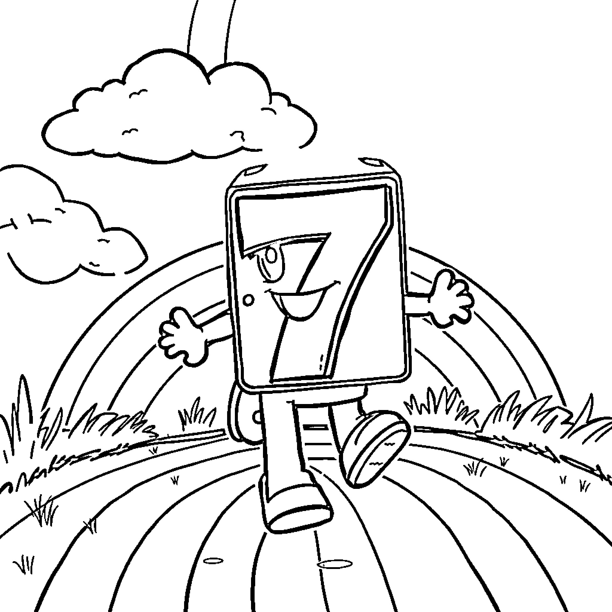Numberblock 7 exploring outdoors Coloring Page (free black-and-white line drawing printable PDF for all, from beginners to advanced learners, including children, teens, adults, and seniors)