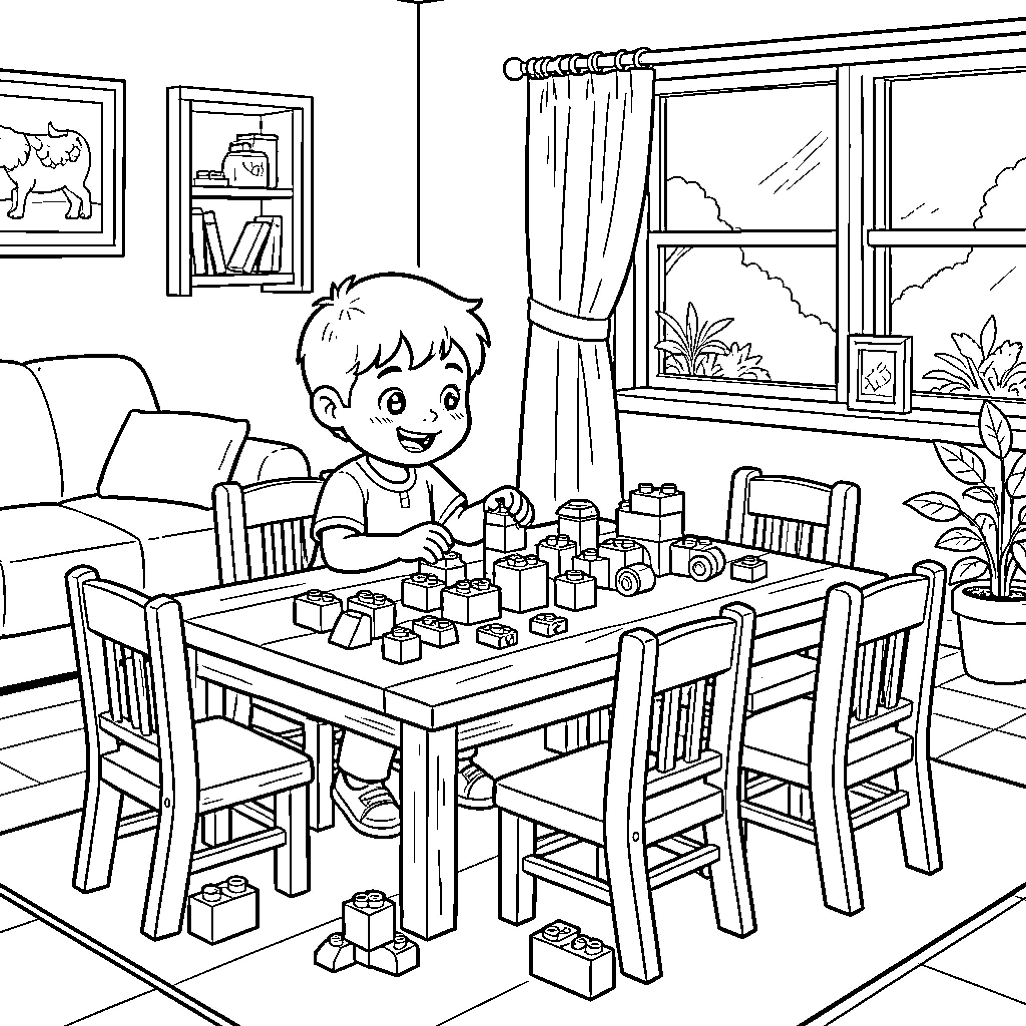 Niño playing with toy blocks at home Coloring Page (free black-and-white line drawing printable PDF for all, from beginners to advanced learners, including children, teens, adults, and seniors)