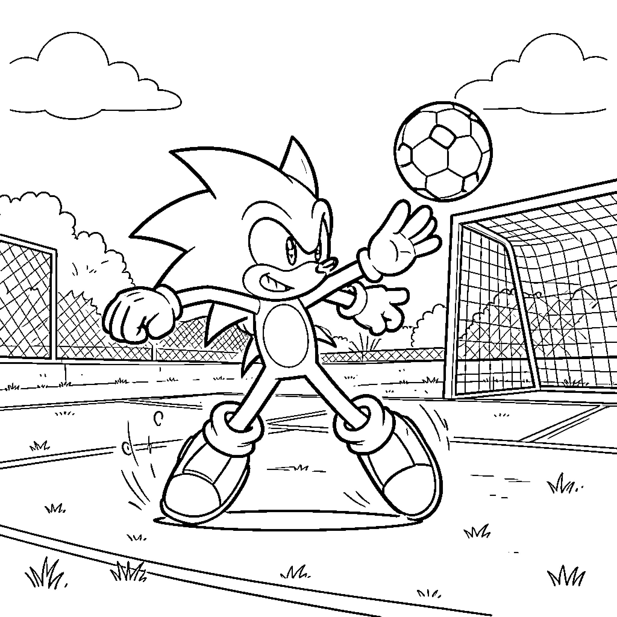 Sonic playing soccer and kicking a ball Coloring Page (free black-and-white line drawing printable PDF for all, from beginners to advanced learners, including children, teens, adults, and seniors)