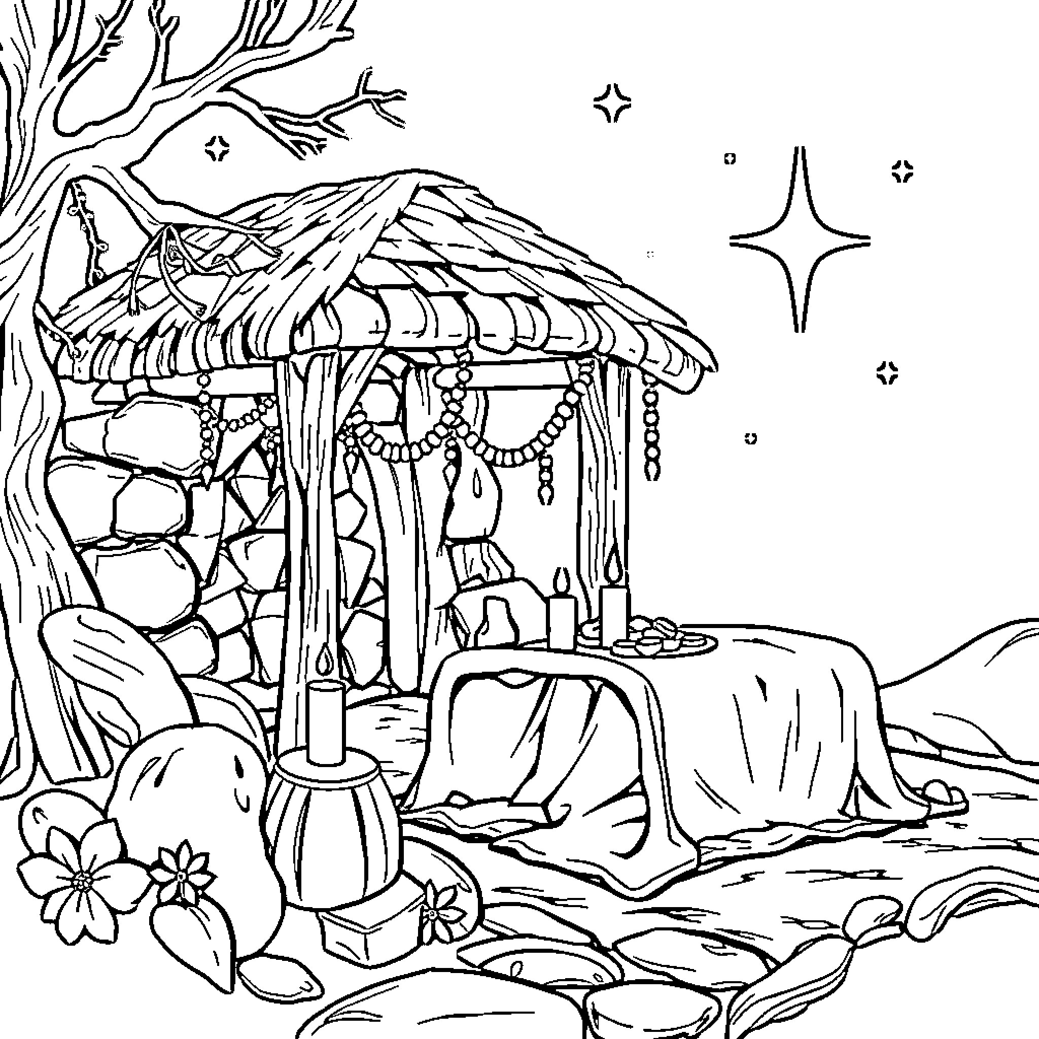 Manger scene with intricate hut and decorations Coloring Page (free black-and-white line drawing printable PDF for all, from beginners to advanced learners, including children, teens, adults, and seniors)