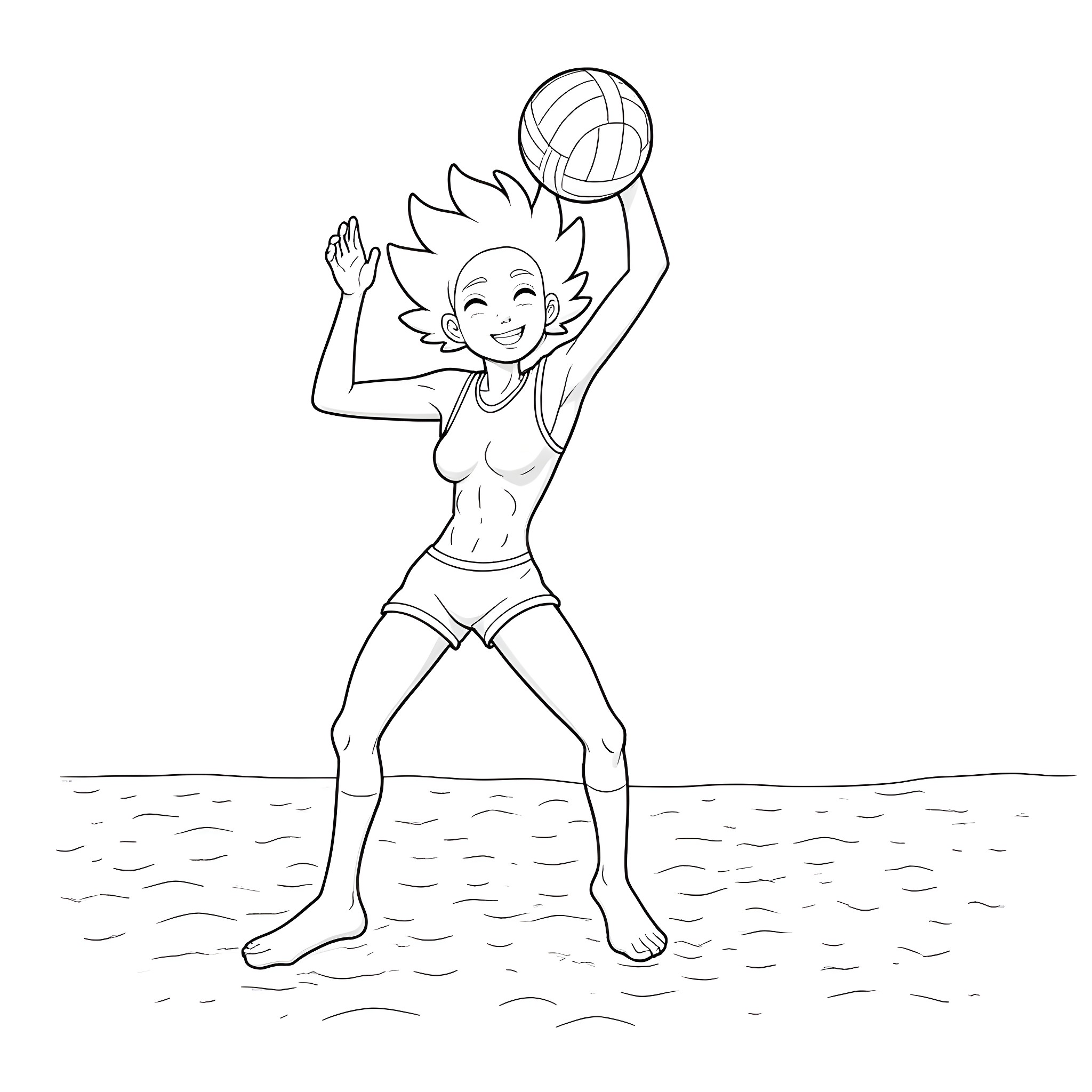 Vegeta playing beach volleyball with enthusiasm Coloring Page (free black-and-white line drawing printable PDF for all, from beginners to advanced learners, including children, teens, adults, and seniors)