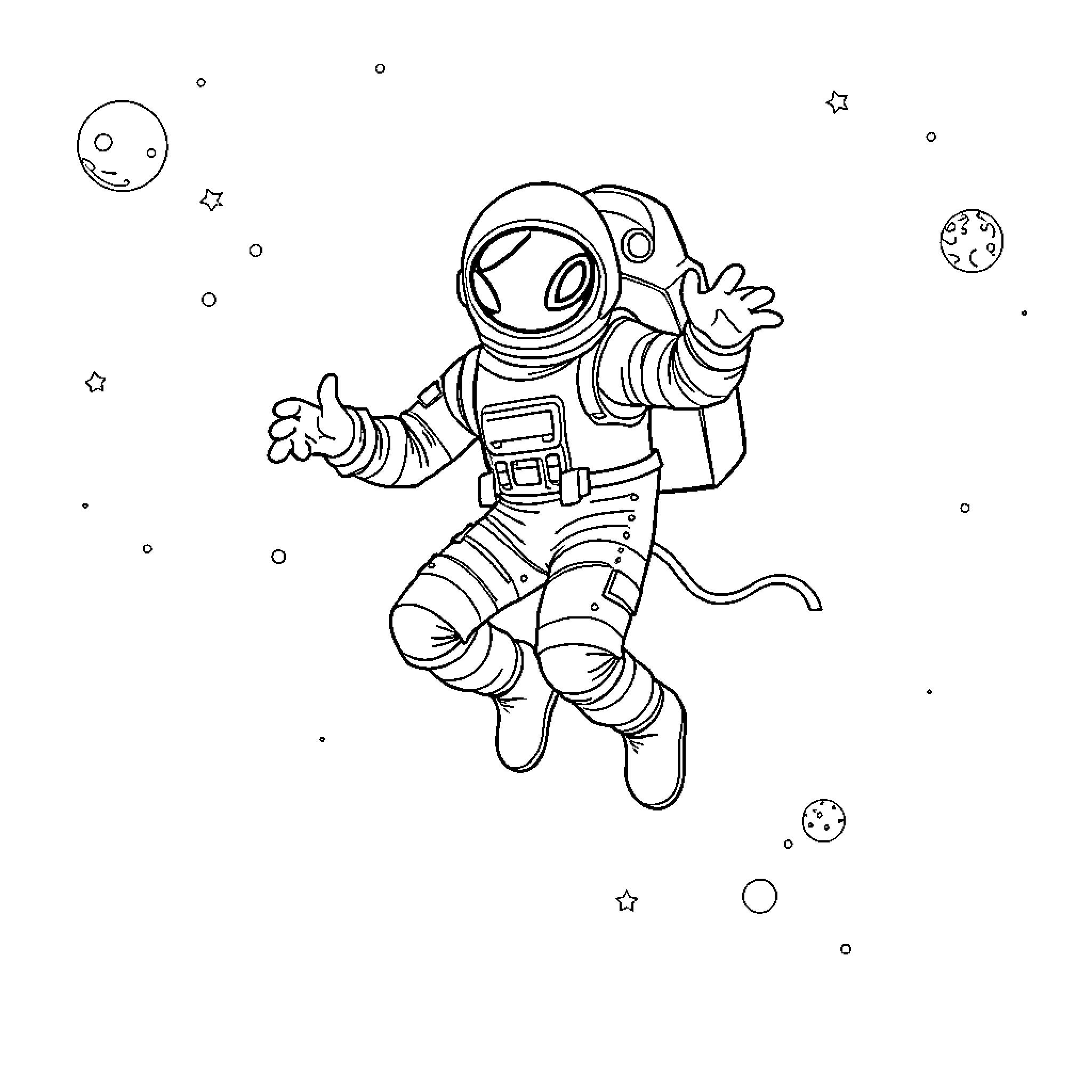 Astronaut floating in outer space Coloring Page (free black-and-white line drawing printable PDF for all, from beginners to advanced learners, including children, teens, adults, and seniors)