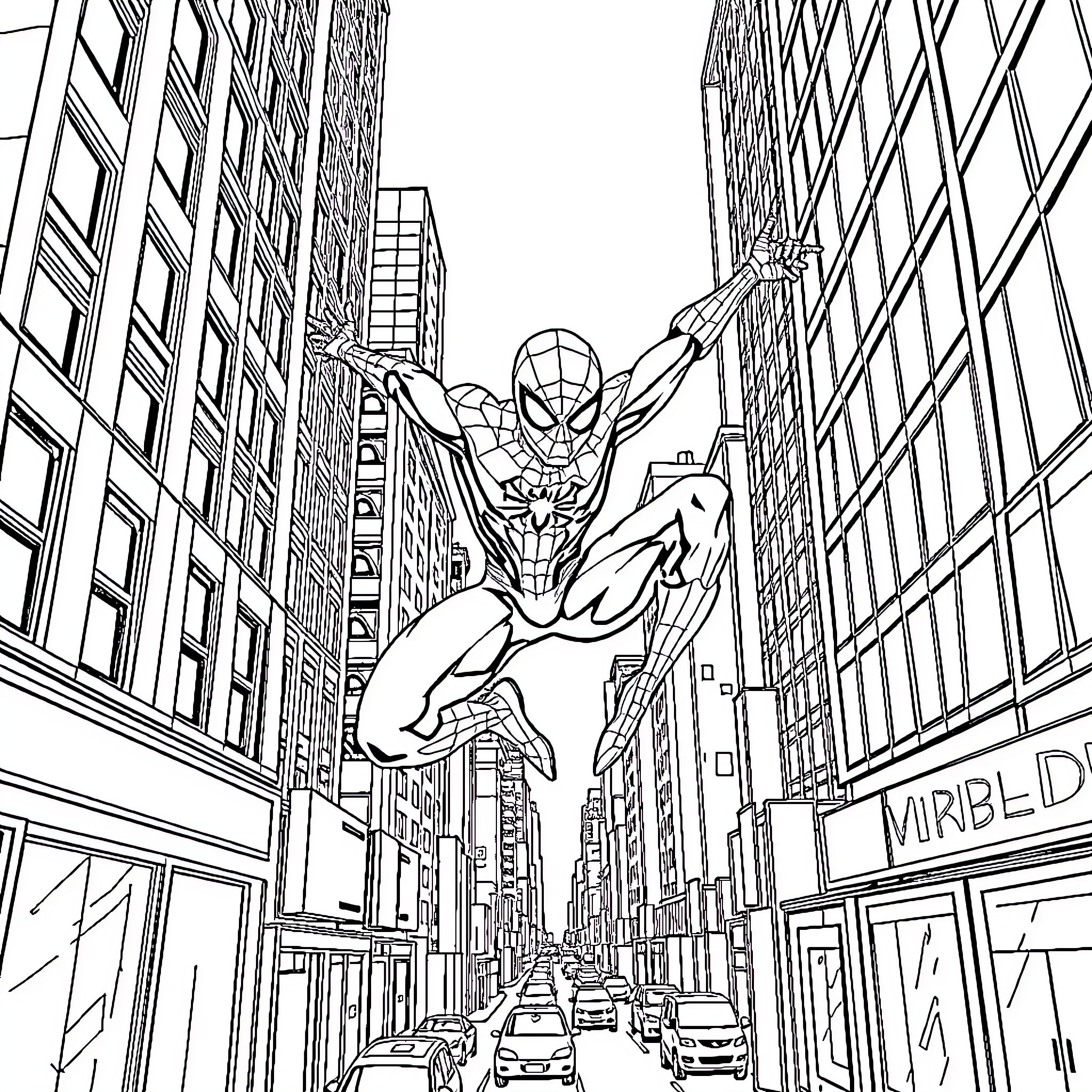 Spiderman swinging through the city skyline Coloring Page (free black-and-white line drawing printable PDF for all, from beginners to advanced learners, including children, teens, adults, and seniors)