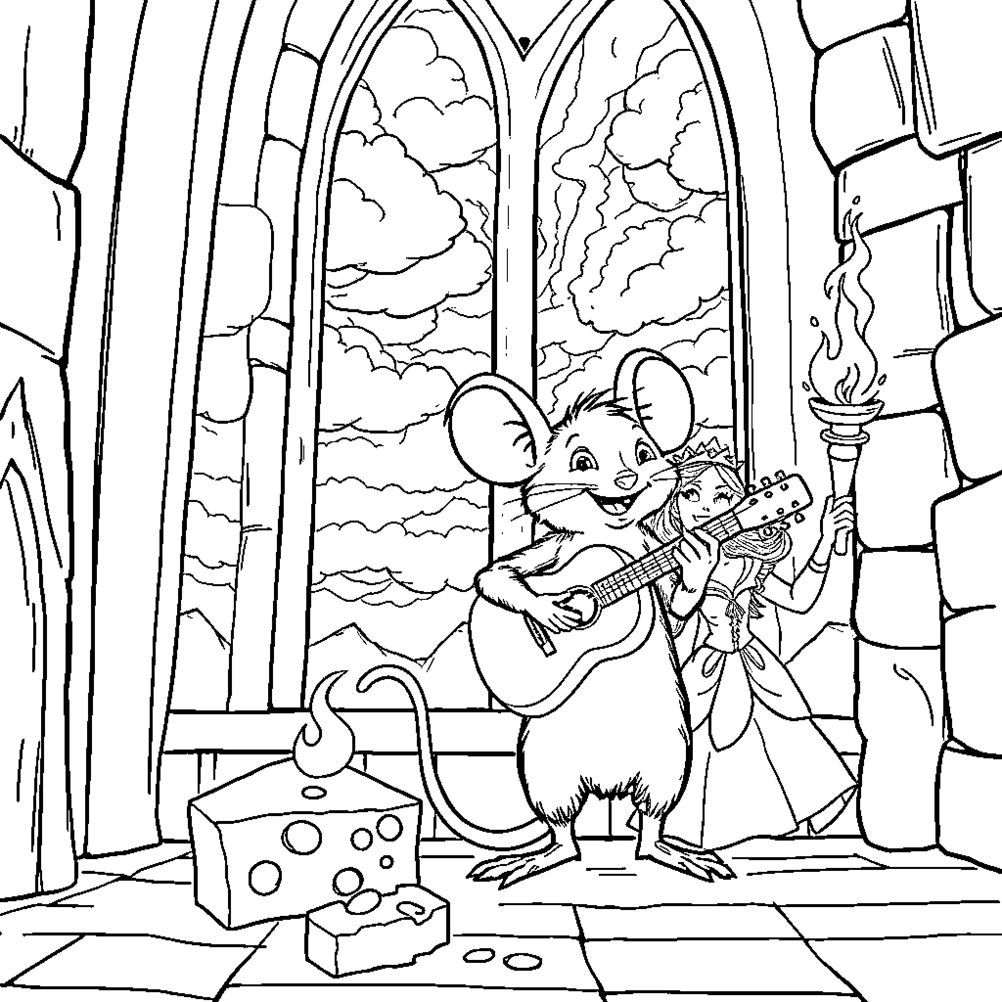 Mouse playing guitar in a medieval castle Coloring Page (free black-and-white line drawing printable PDF for all, from beginners to advanced learners, including children, teens, adults, and seniors)