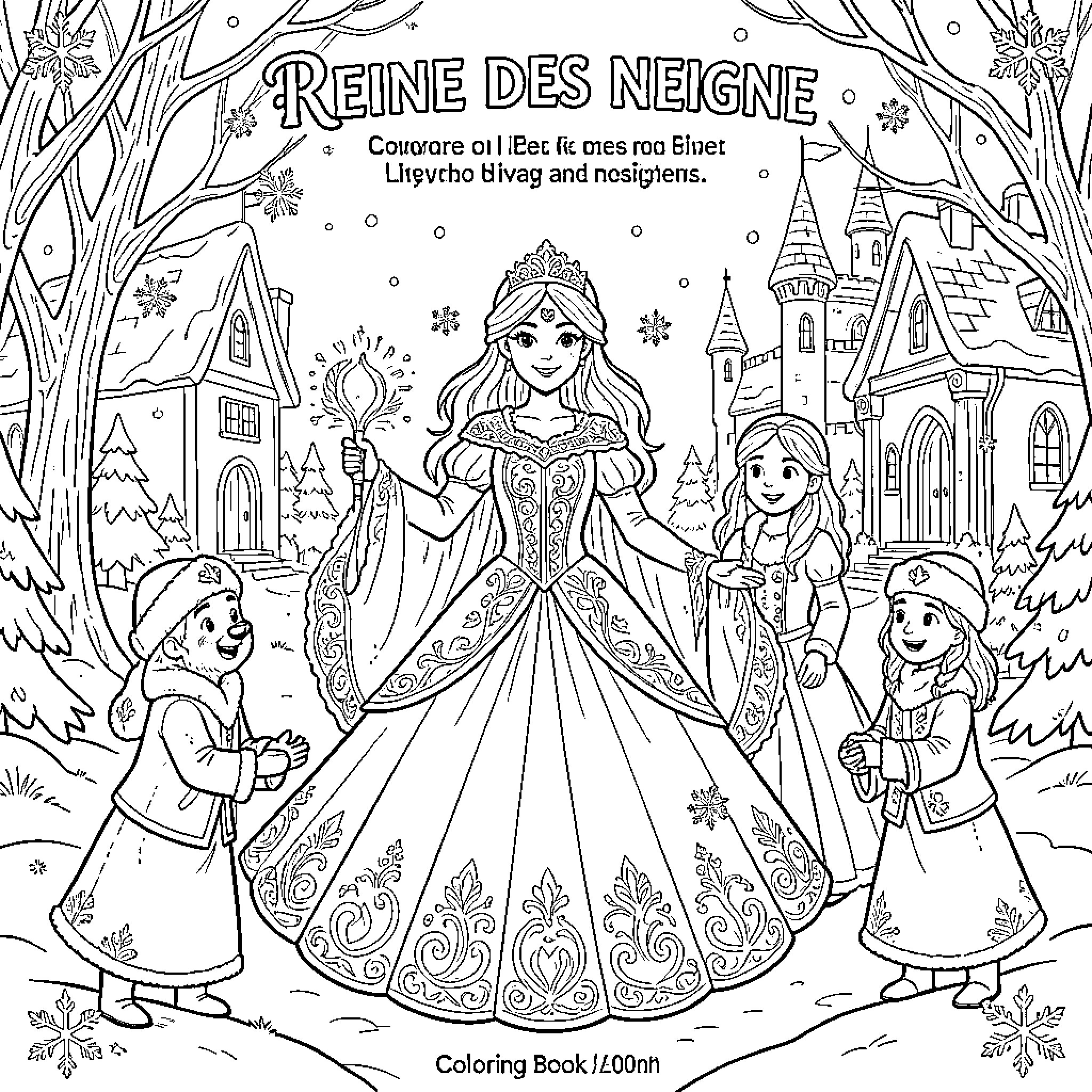 Snow Queen standing gracefully with children in a winter village Coloring Page (free black-and-white line drawing printable PDF for all, from beginners to advanced learners, including children, teens, adults, and seniors)