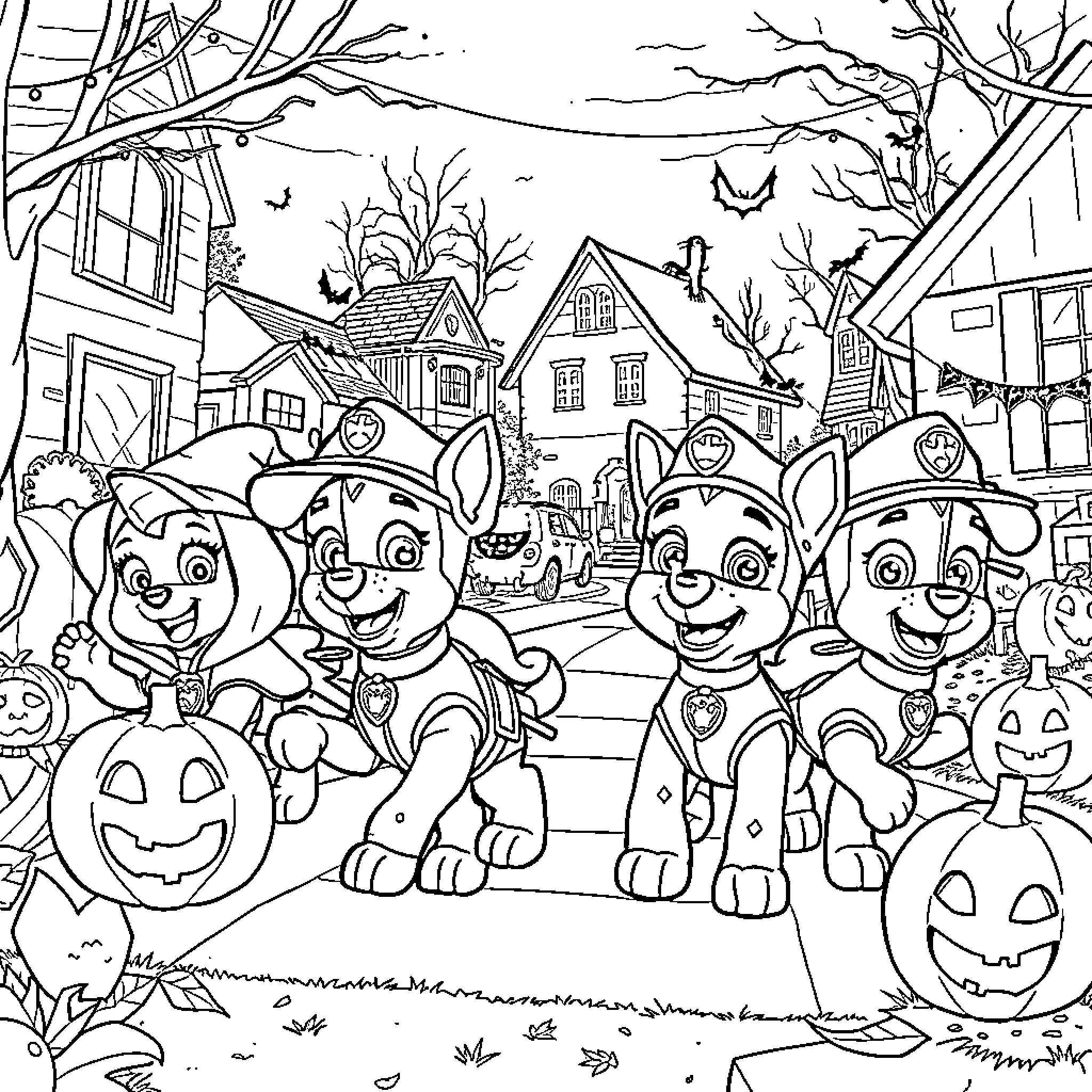Paw Patrol Halloween Adventure in the Town Coloring Page (free black-and-white line drawing printable PDF for all, from beginners to advanced learners, including children, teens, adults, and seniors)