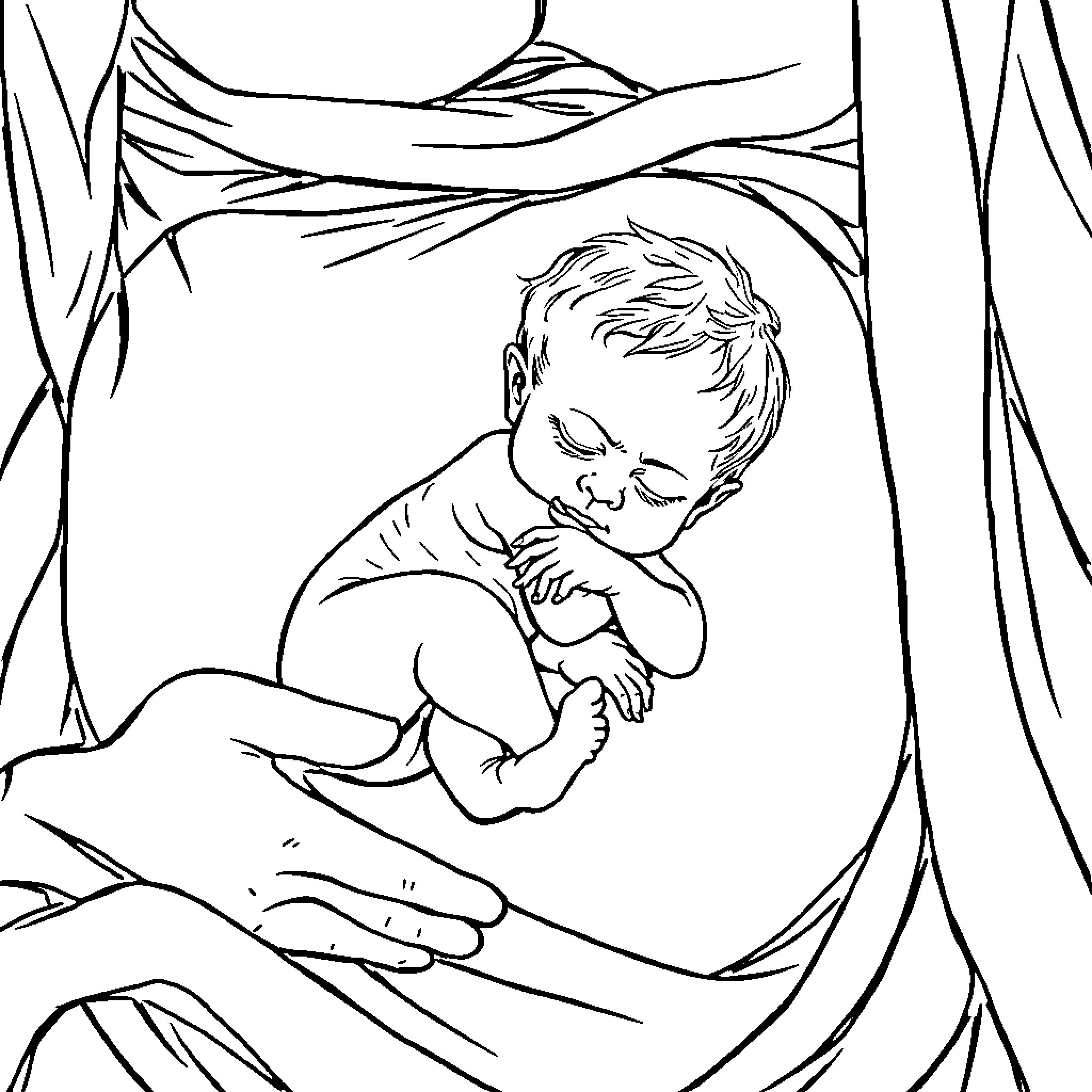 Bebe Resting Peacefully in Warm Embrace Coloring Page (free black-and-white line drawing printable PDF for all, from beginners to advanced learners, including children, teens, adults, and seniors)