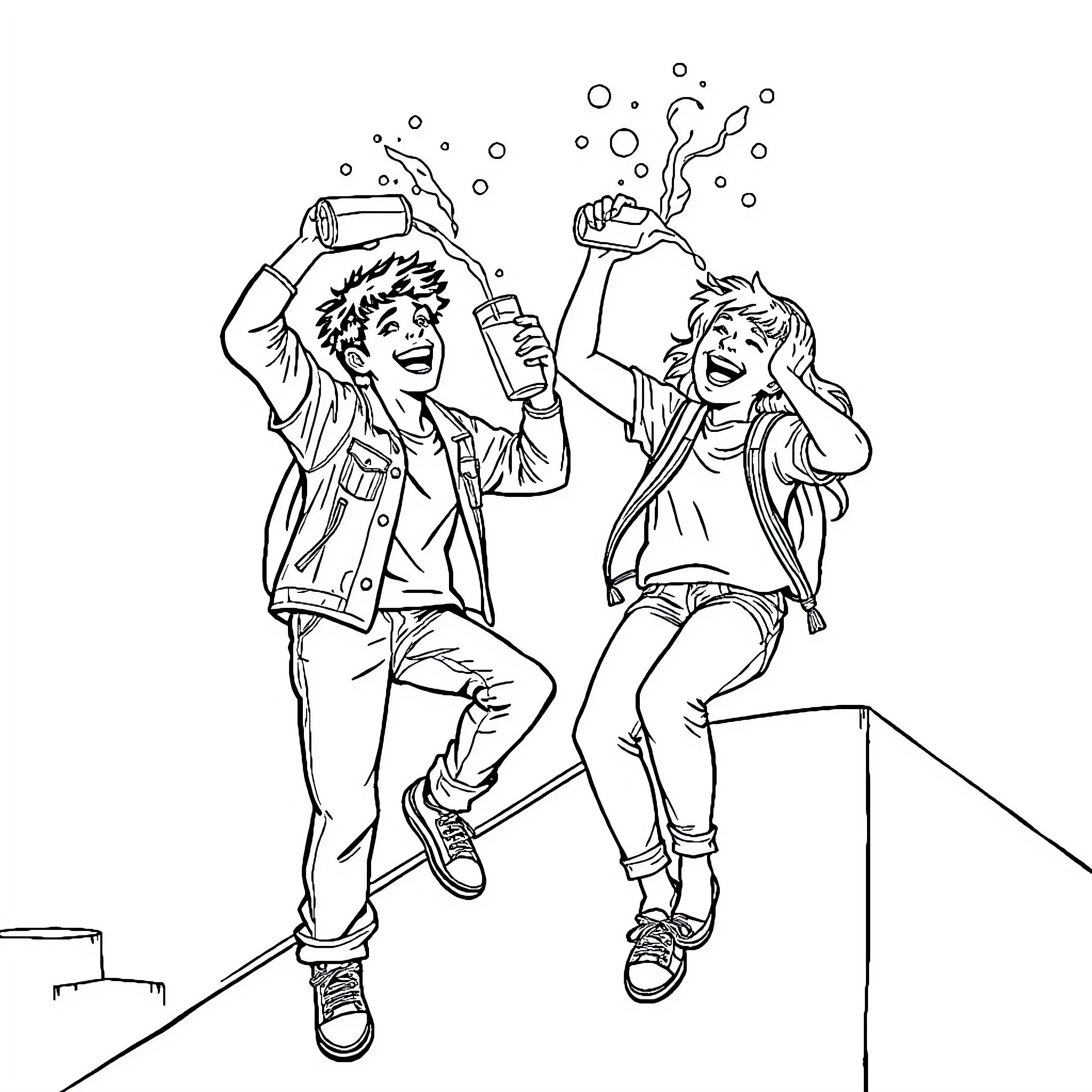 Teenagers celebrating and having fun Coloring Page (free black-and-white line drawing printable PDF for all, from beginners to advanced learners, including children, teens, adults, and seniors)