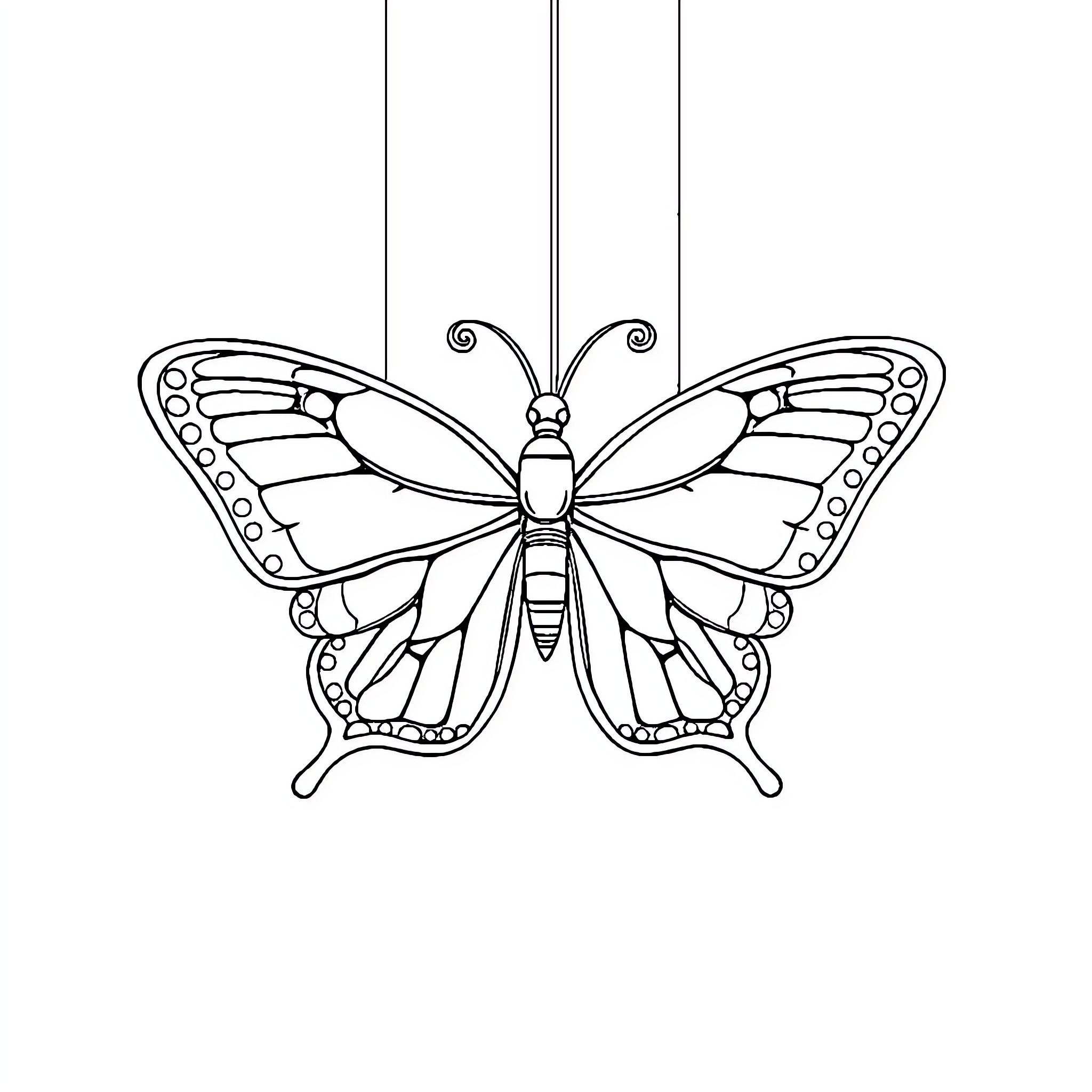Butterfly hanging gracefully from the ceiling Coloring Page (free black-and-white line drawing printable PDF for all, from beginners to advanced learners, including children, teens, adults, and seniors)