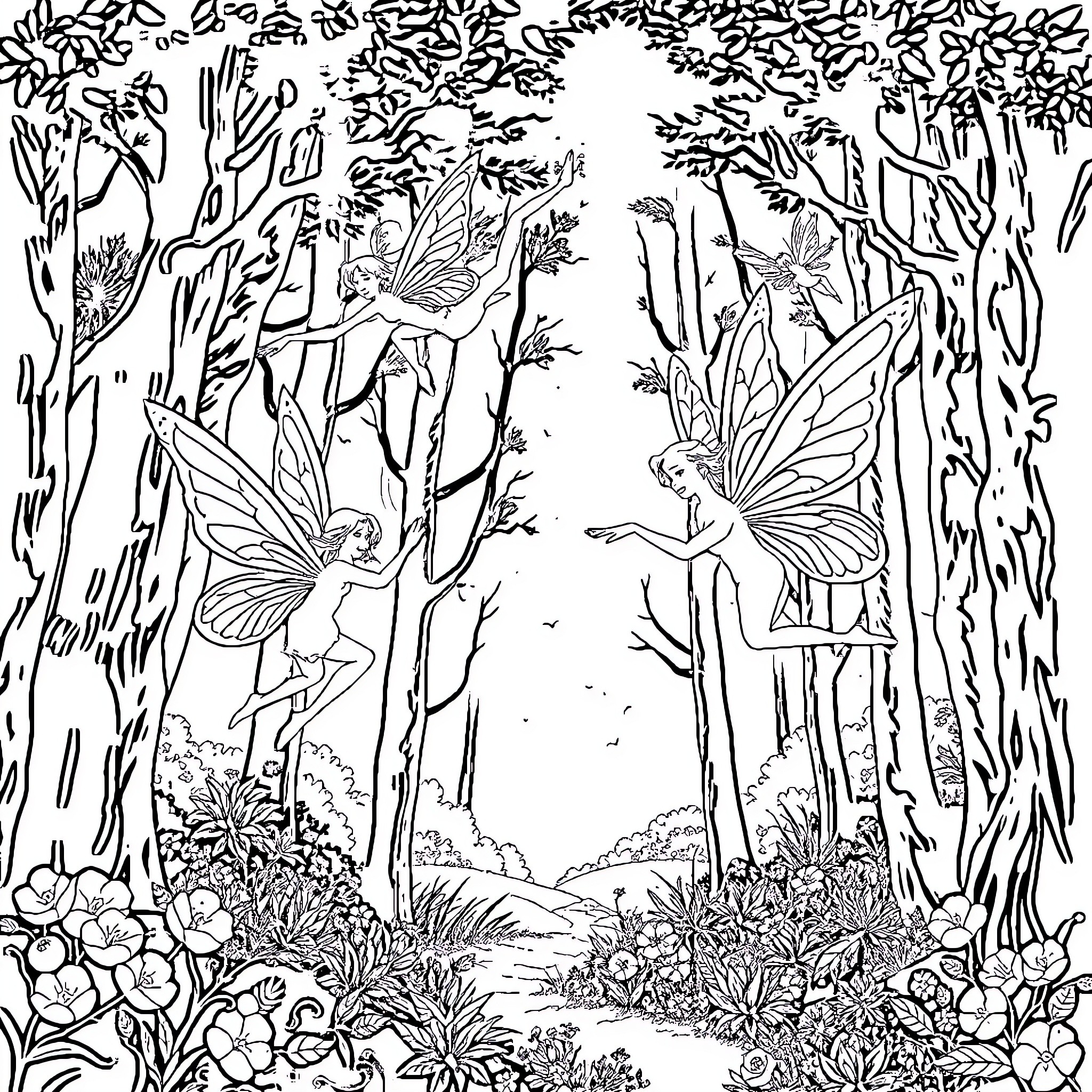Fairy Creatures Dancing in Magical Forest Coloring Page (free black-and-white line drawing printable PDF for all, from beginners to advanced learners, including children, teens, adults, and seniors)