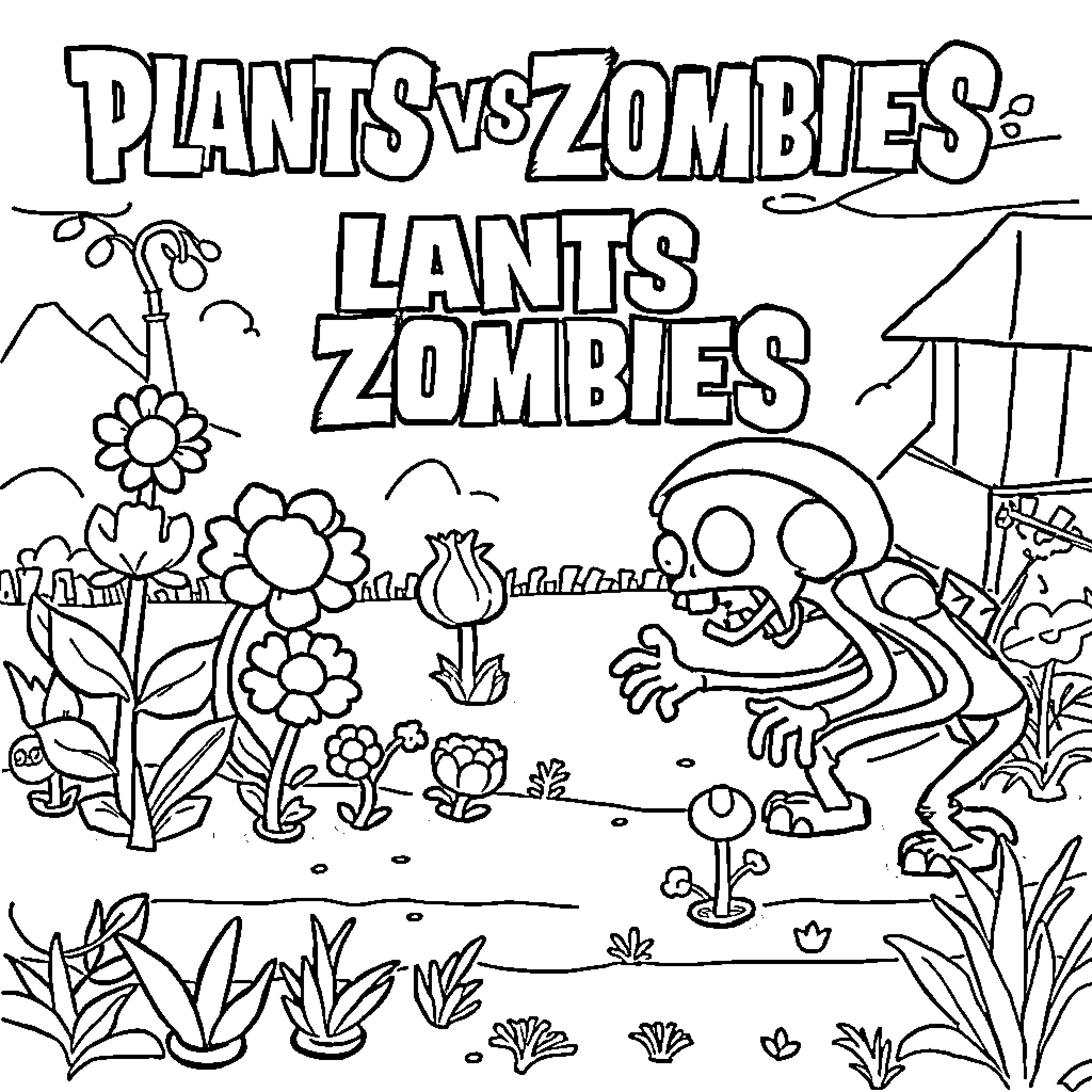 Plants fighting lively zombies in nature Coloring Page (free black-and-white line drawing printable PDF for all, from beginners to advanced learners, including children, teens, adults, and seniors)