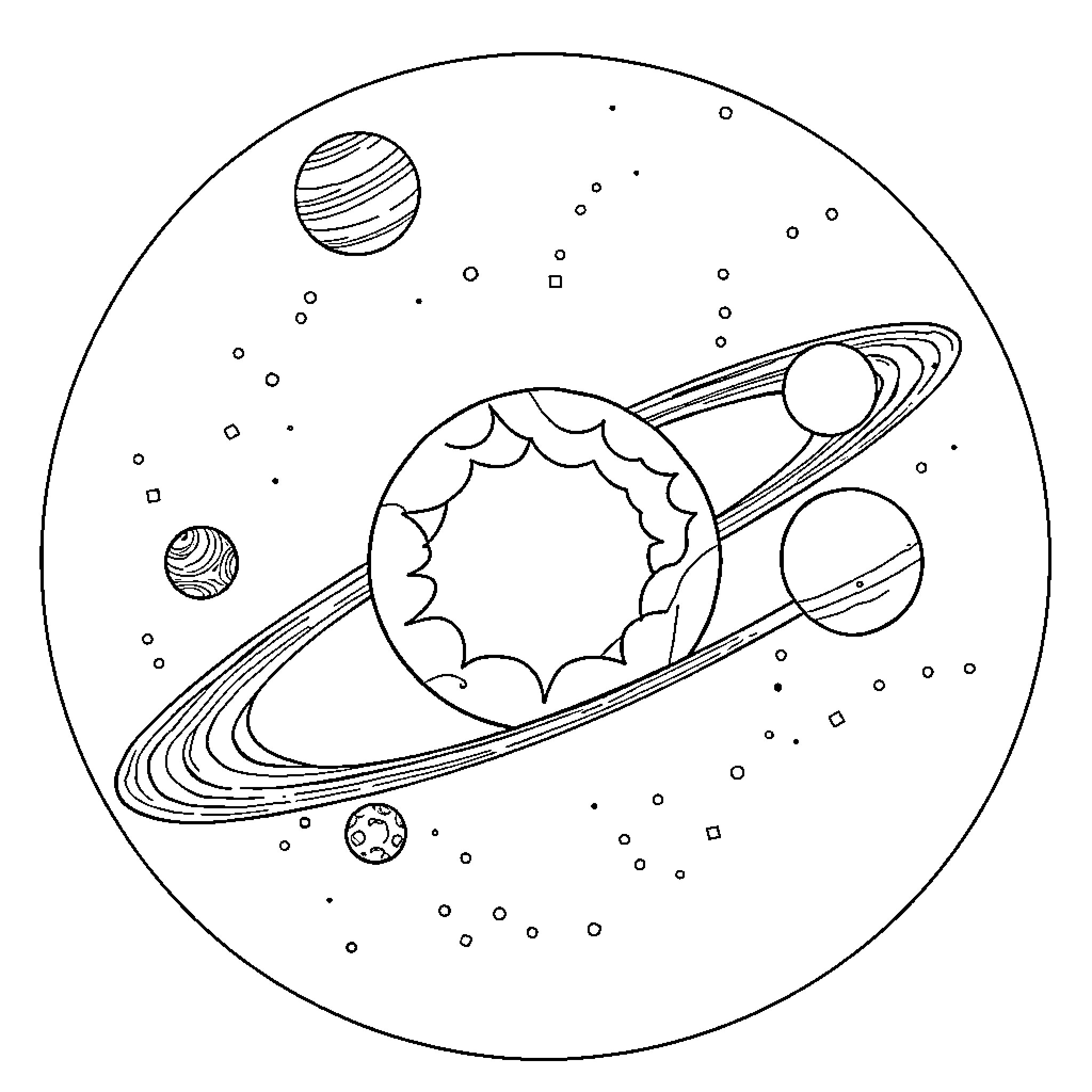 Planet Orbiting Stars in the Universe Coloring Page (free black-and-white line drawing printable PDF for all, from beginners to advanced learners, including children, teens, adults, and seniors)