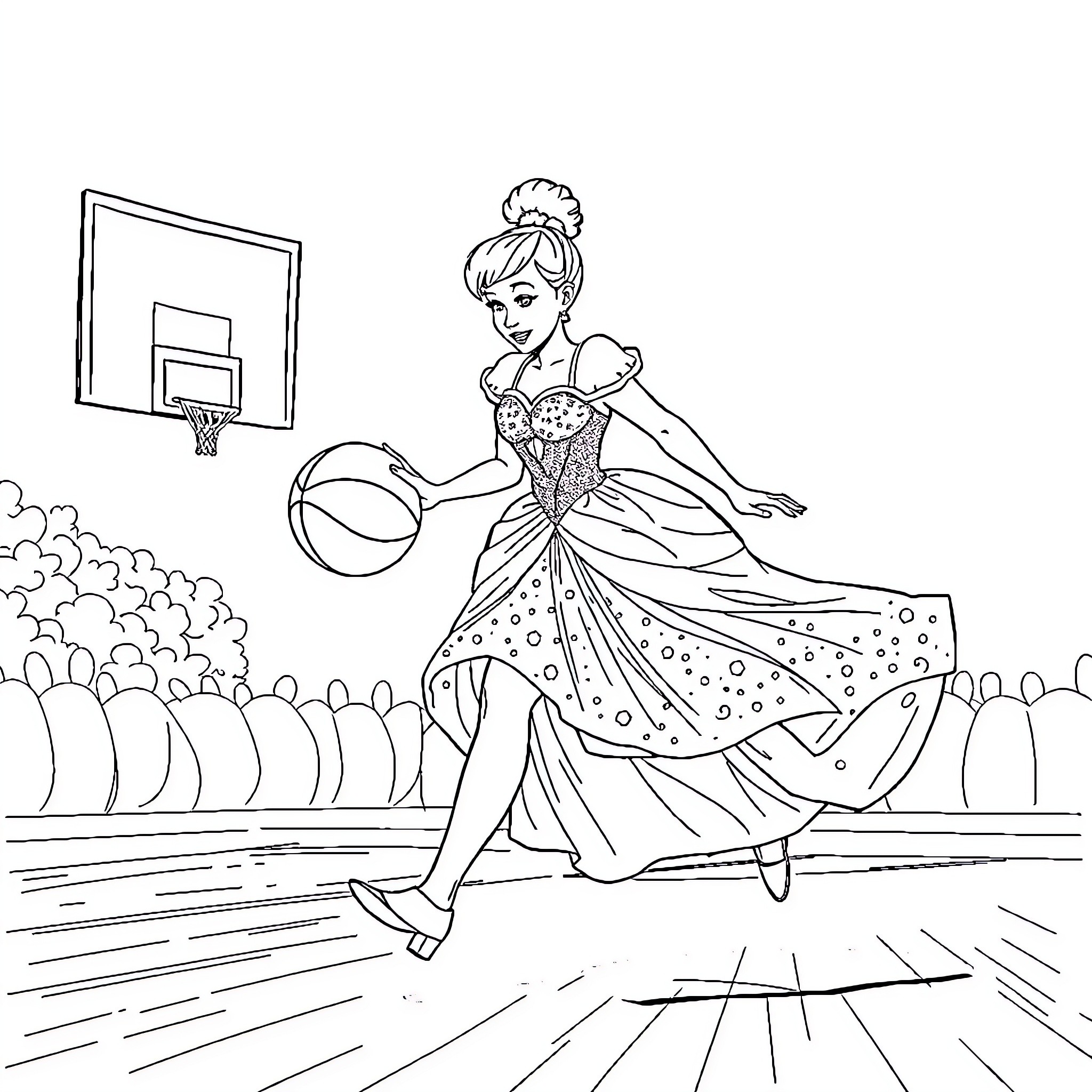 Cinderella playing basketball in a fancy dress Coloring Page (free black-and-white line drawing printable PDF for all, from beginners to advanced learners, including children, teens, adults, and seniors)
