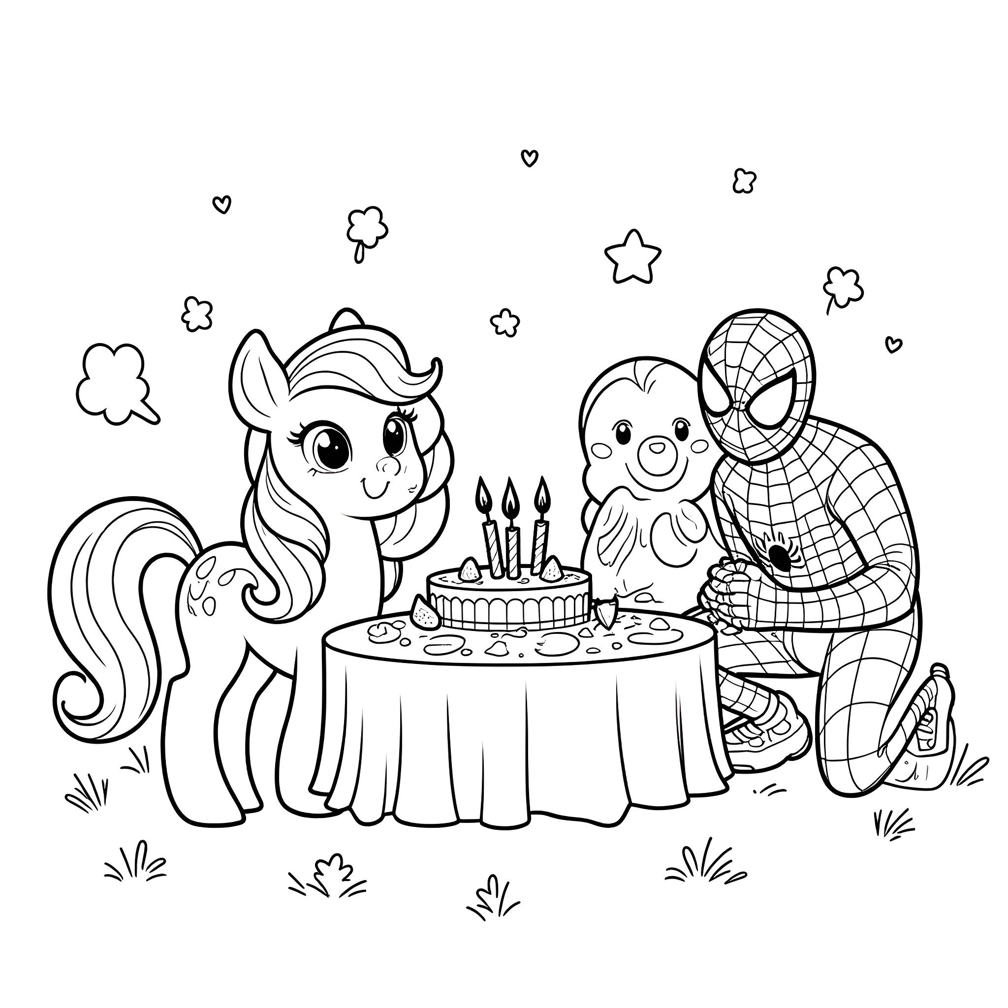 Pony and Spider-Man celebrate birthday together Coloring Page (free black-and-white line drawing printable PDF for all, from beginners to advanced learners, including children, teens, adults, and seniors)