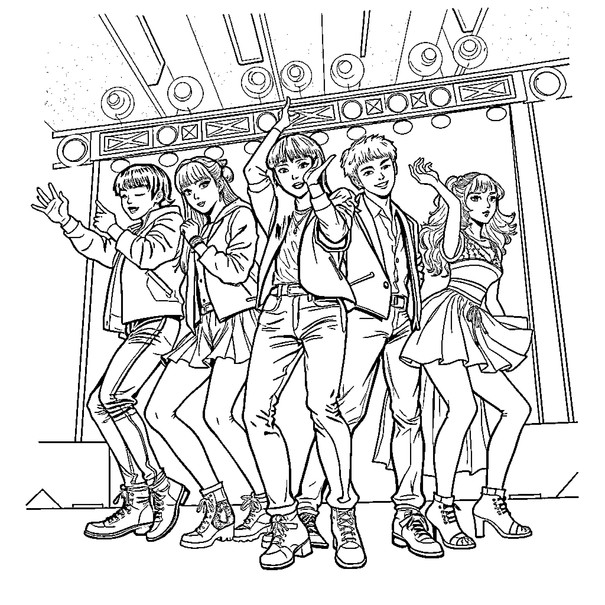K Pop Dance Crew Performing on Stage Coloring Page (free black-and-white line drawing printable PDF for all, from beginners to advanced learners, including children, teens, adults, and seniors)