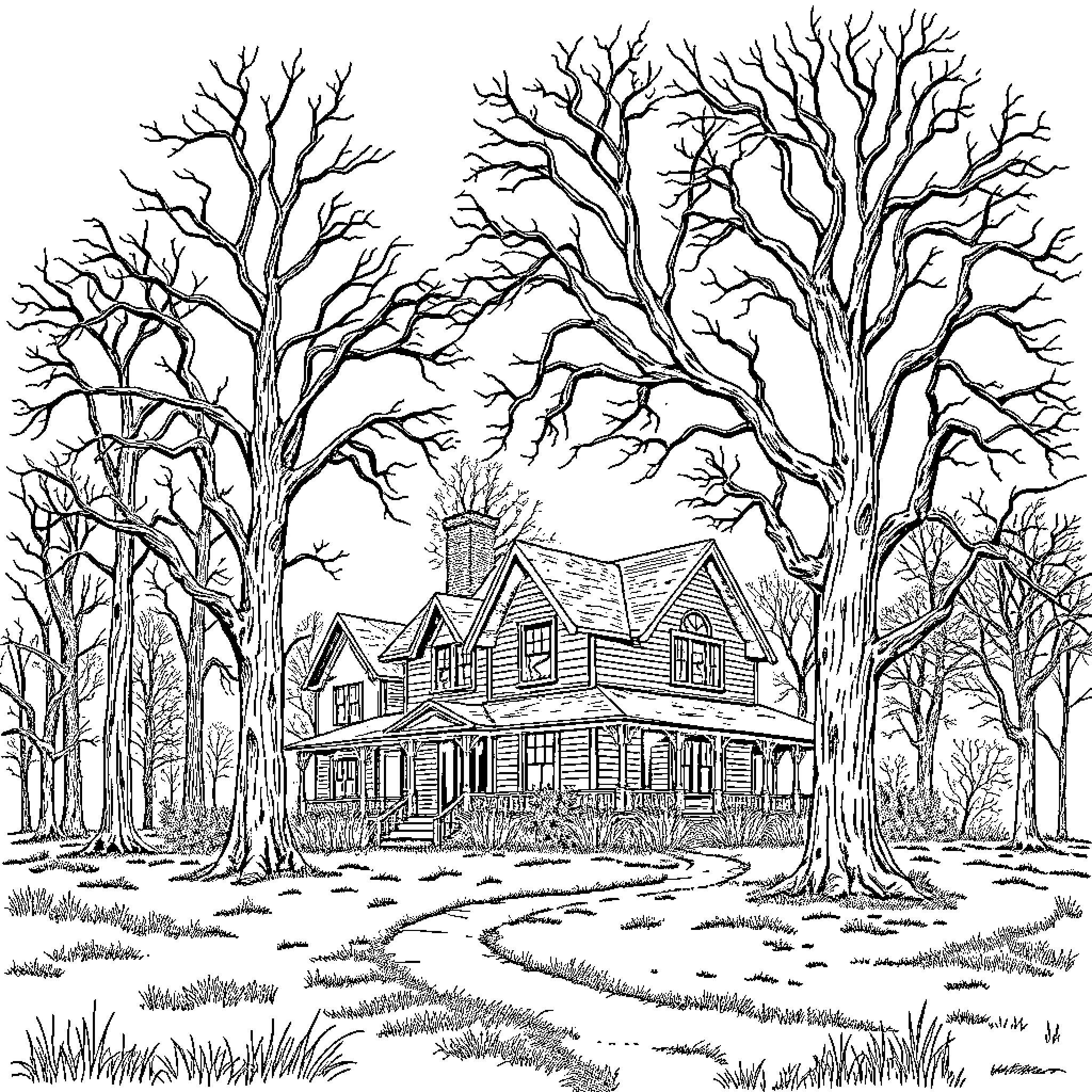Farmhouse in the woods with bare trees Coloring Page (free black-and-white line drawing printable PDF for all, from beginners to advanced learners, including children, teens, adults, and seniors)