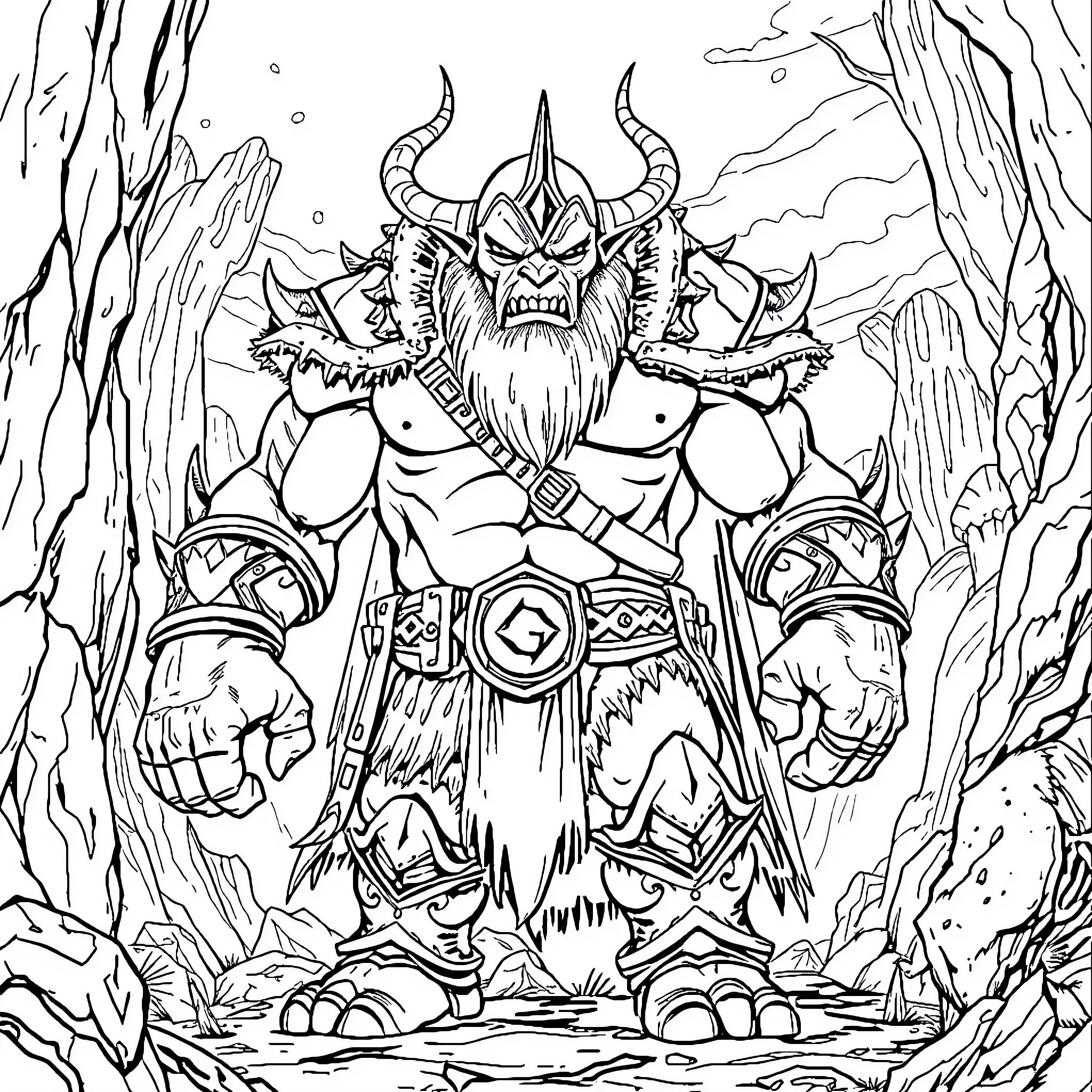 Orc Warrior Stands Tall in Icy Cavern Coloring Page (free black-and-white line drawing printable PDF for all, from beginners to advanced learners, including children, teens, adults, and seniors)