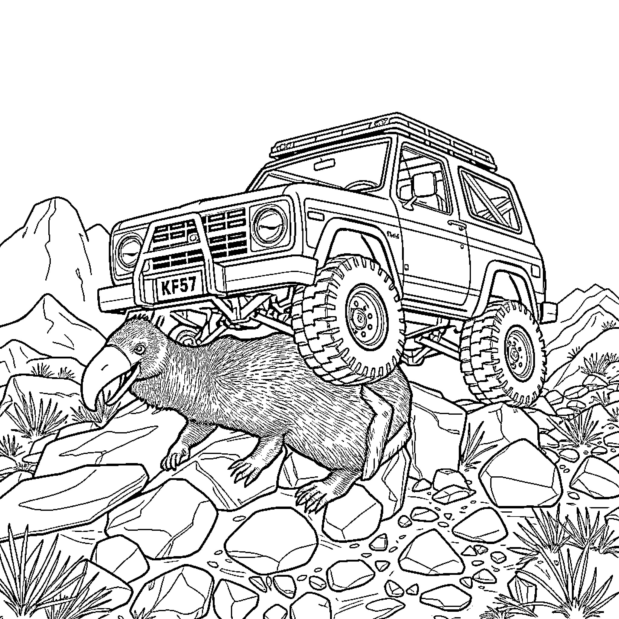 K5 Blazer Navigating Rugged Terrain with Wildlife Coloring Page (free black-and-white line drawing printable PDF for all, from beginners to advanced learners, including children, teens, adults, and seniors)
