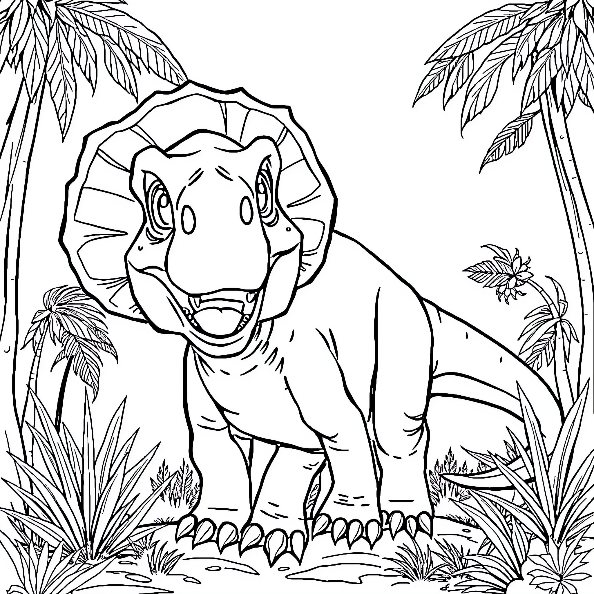 Dinosaur roaming in lush jungle landscape Coloring Page (free black-and-white line drawing printable PDF for all, from beginners to advanced learners, including children, teens, adults, and seniors)