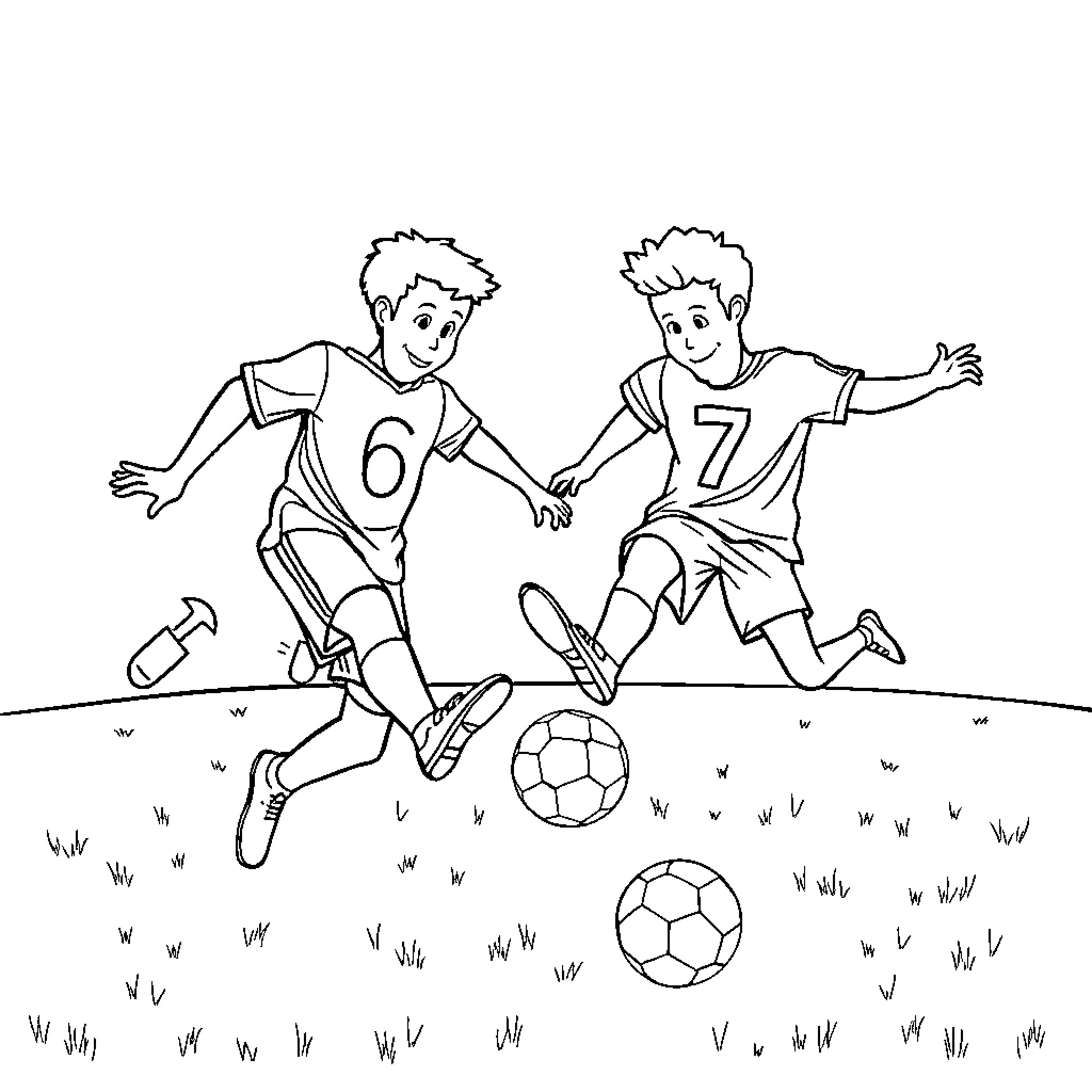 Number Two Boys Playing Soccer on Grass Coloring Page (free black-and-white line drawing printable PDF for all, from beginners to advanced learners, including children, teens, adults, and seniors)