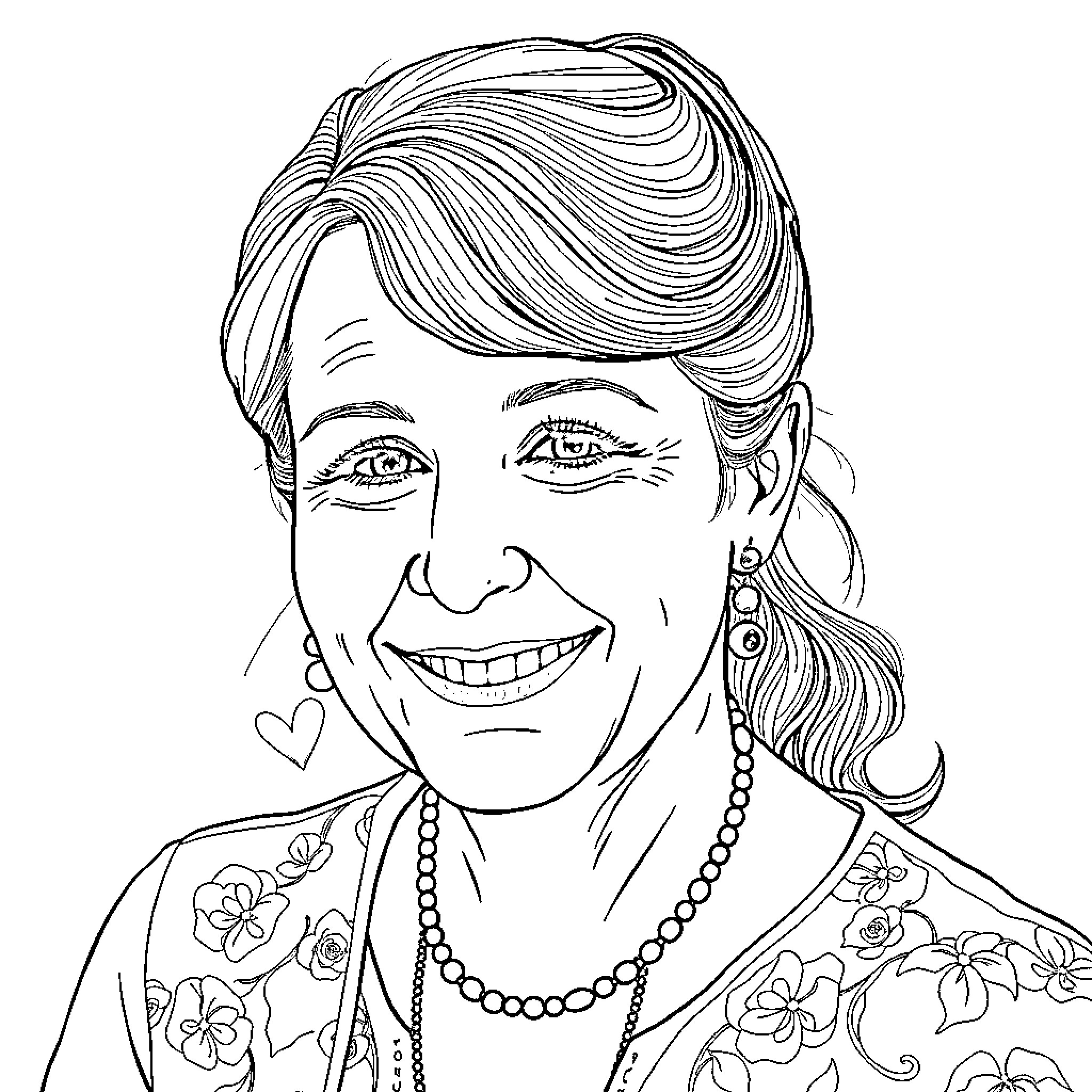 Elizabeth Ann Howlett in a Cheerful Floral Ensemble Coloring Page (free black-and-white line drawing printable PDF for all, from beginners to advanced learners, including children, teens, adults, and seniors)