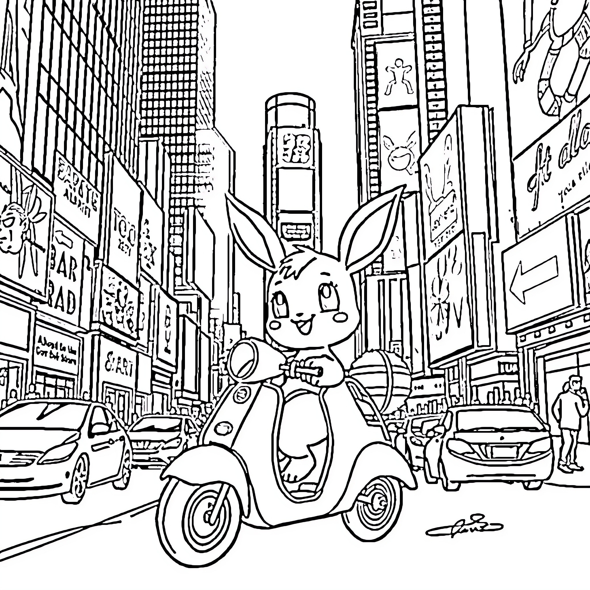 Eevee scootering through the city streets Coloring Page (free black-and-white line drawing printable PDF for all, from beginners to advanced learners, including children, teens, adults, and seniors)