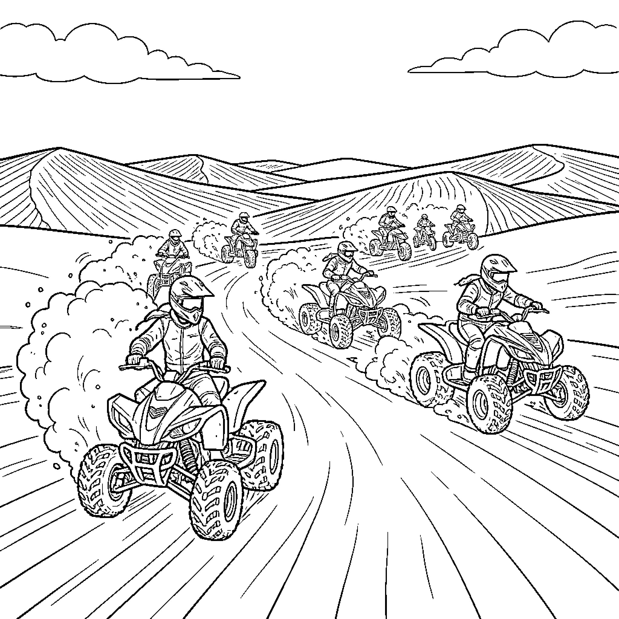 Quad and Motorcycle riders racing through sand dunes Coloring Page (free black-and-white line drawing printable PDF for all, from beginners to advanced learners, including children, teens, adults, and seniors)