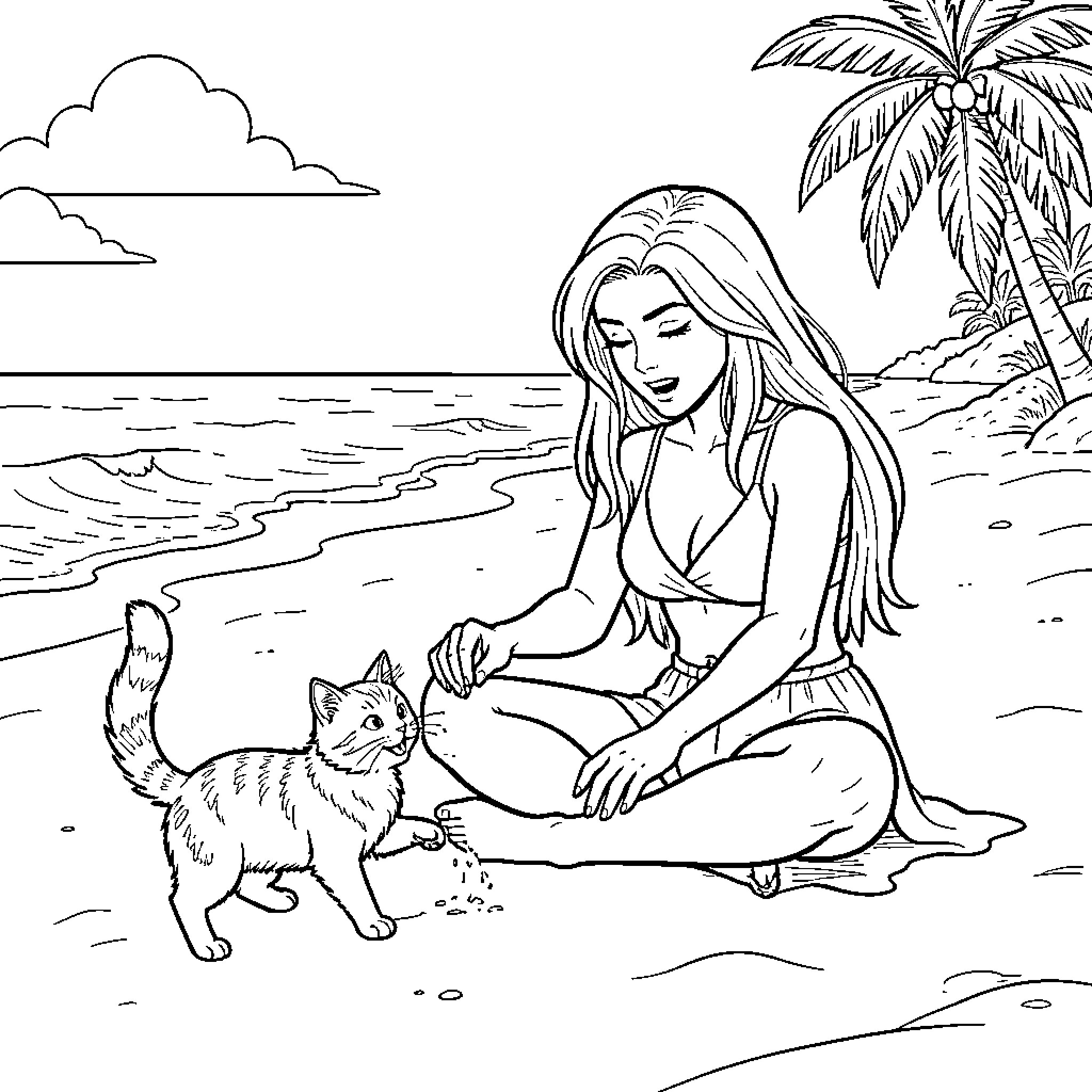 Romy sitting on the beach playing with a kitten Coloring Page (free black-and-white line drawing printable PDF for all, from beginners to advanced learners, including children, teens, adults, and seniors)