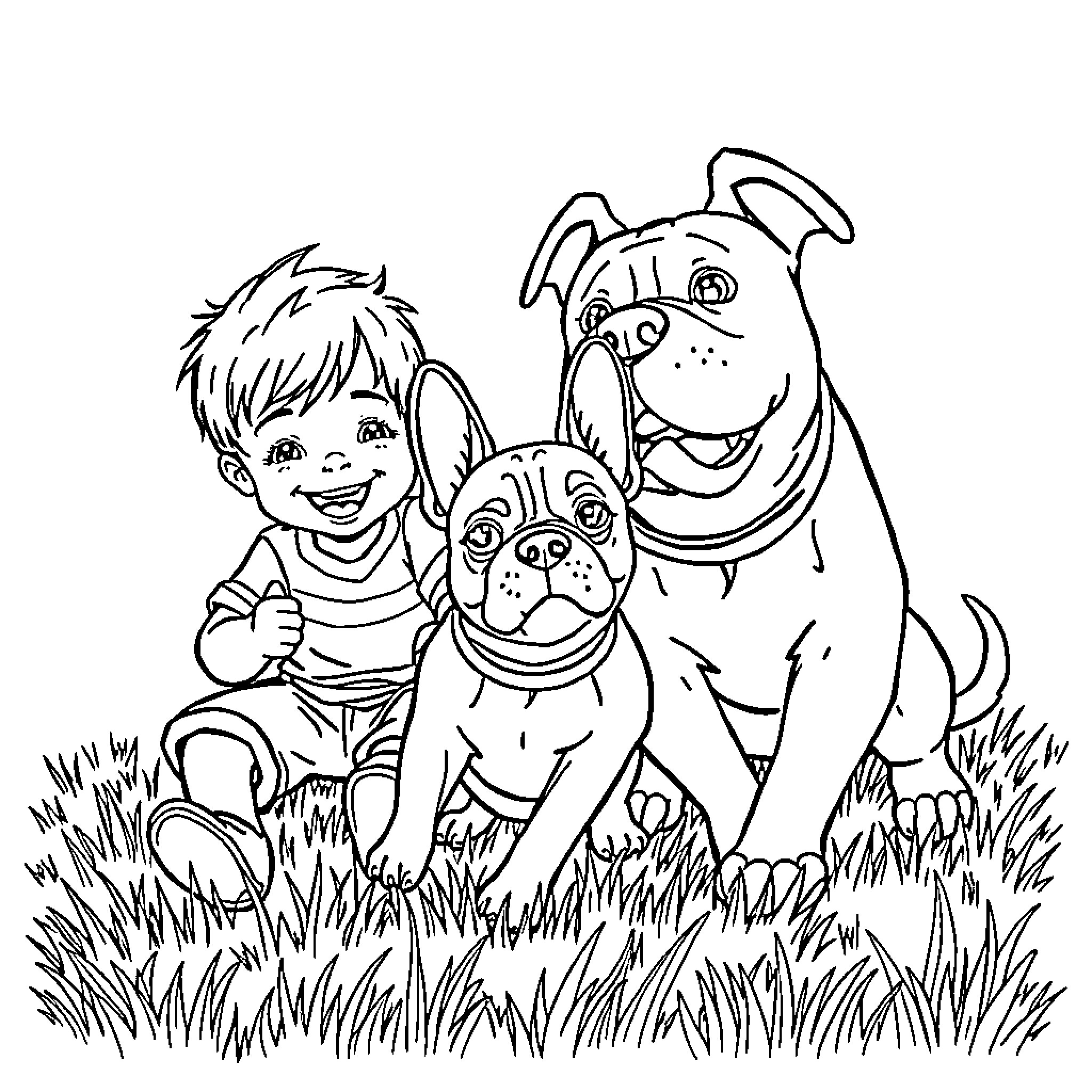 Boy playing with two happy dogs in the park Coloring Page (free black-and-white line drawing printable PDF for all, from beginners to advanced learners, including children, teens, adults, and seniors)