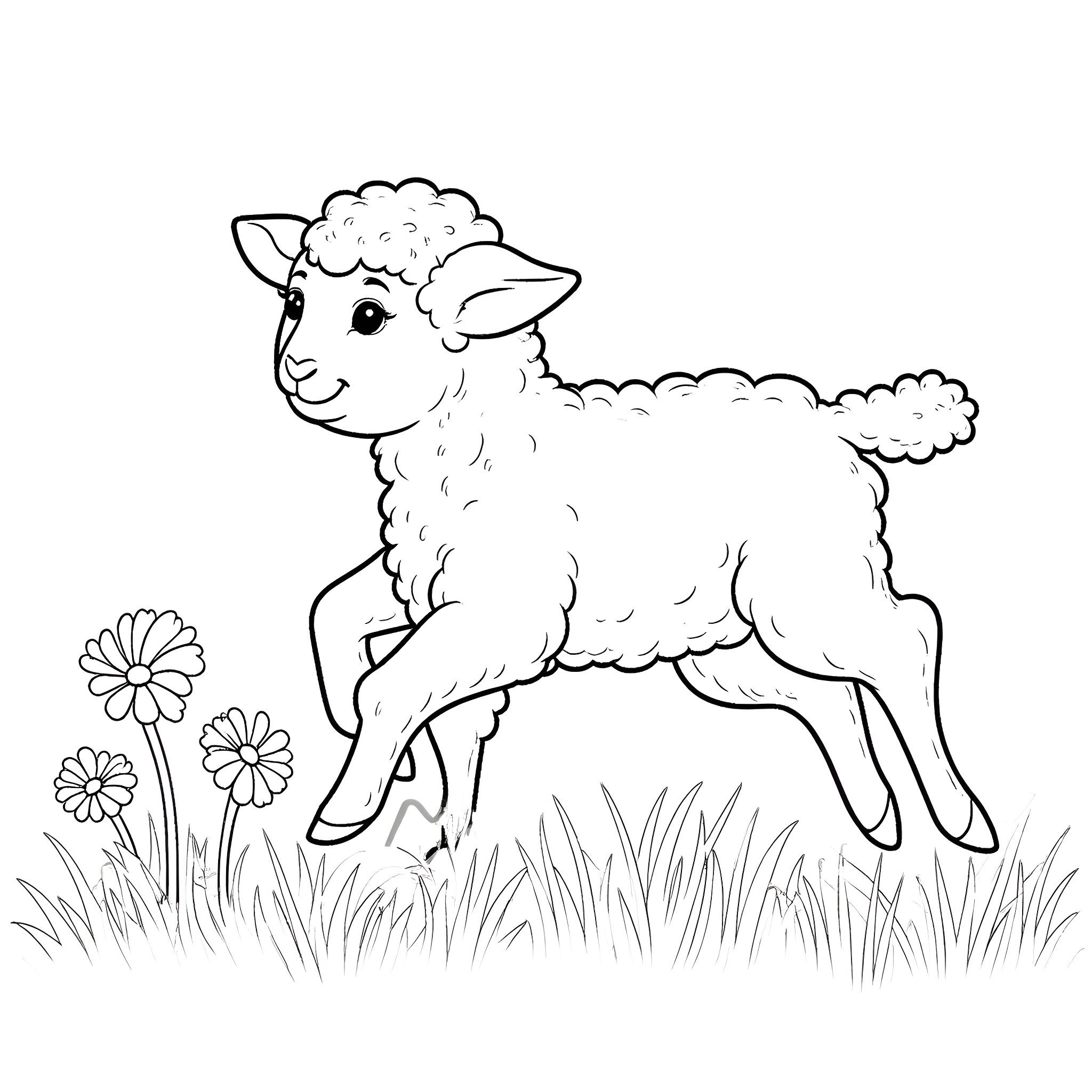 Lamb frolicking in the meadow with flowers Coloring Page (free black-and-white line drawing printable PDF for all, from beginners to advanced learners, including children, teens, adults, and seniors)